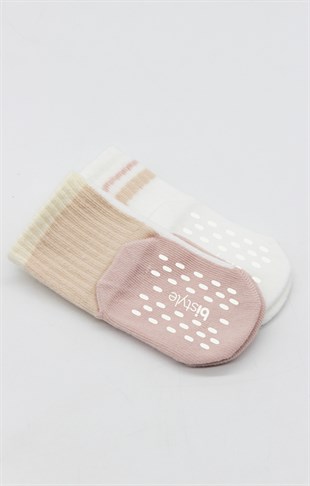 GOTS Sertifikalı 2li Kaymaz Çorap Pudra Ekru