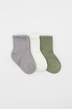GOTS Sertifikalı 3lü Dikişsiz Çorap Gri Ekru Nil