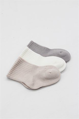 GOTS Sertifikalı 3lü Dikişsiz Çorap Gri Ekru Taş