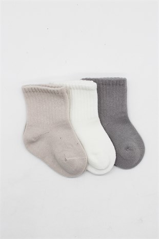 GOTS Sertifikalı 3lü Dikişsiz Çorap Gri Ekru Taş