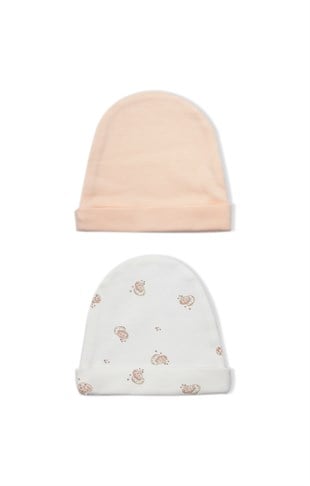 GOTS Sertifikalı Cute Happy 2li Şapka Somon Ekru B