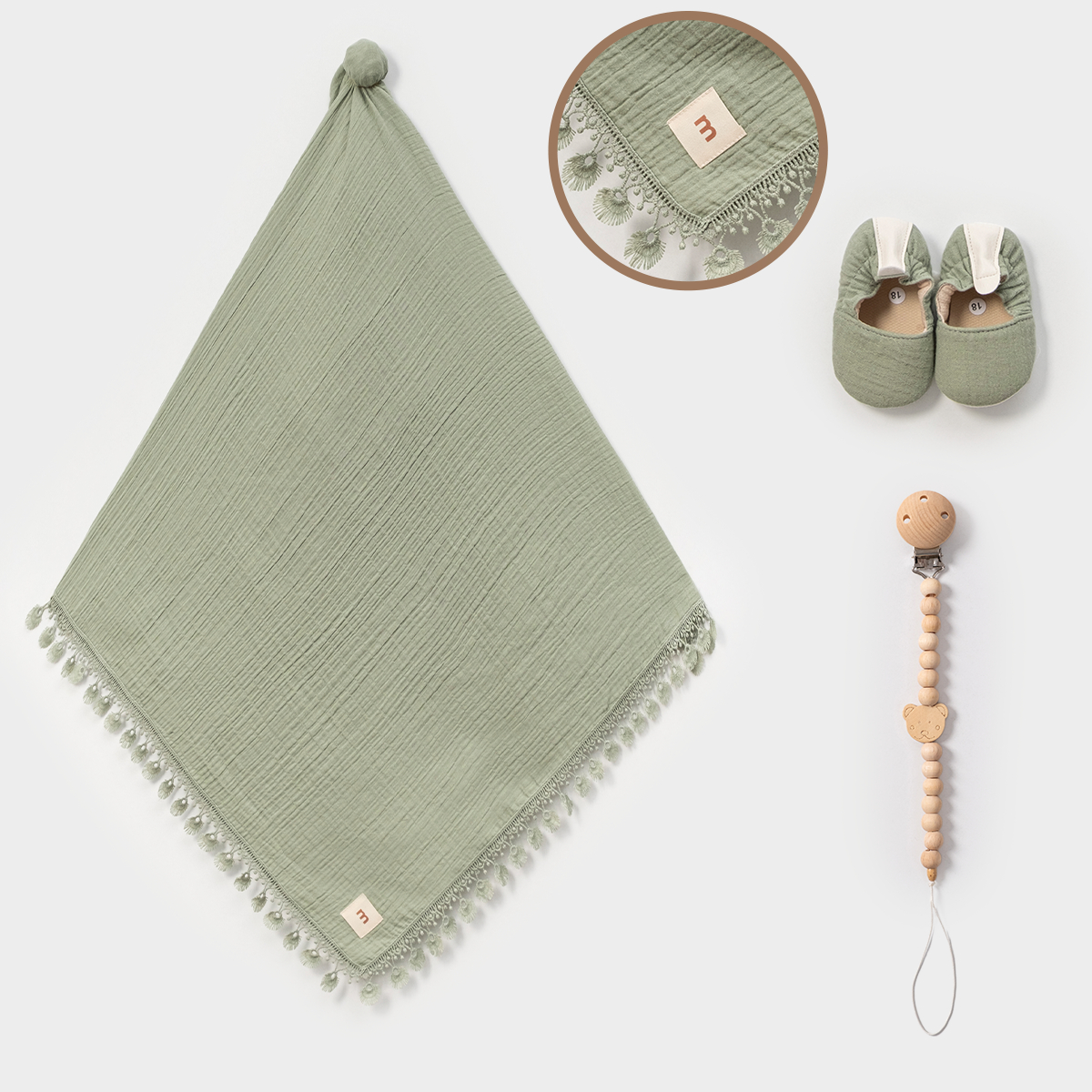 Battaniye, Kundak2 Katlı Müslin Battaniye Emzik Askısı Patik Seti Yeşil