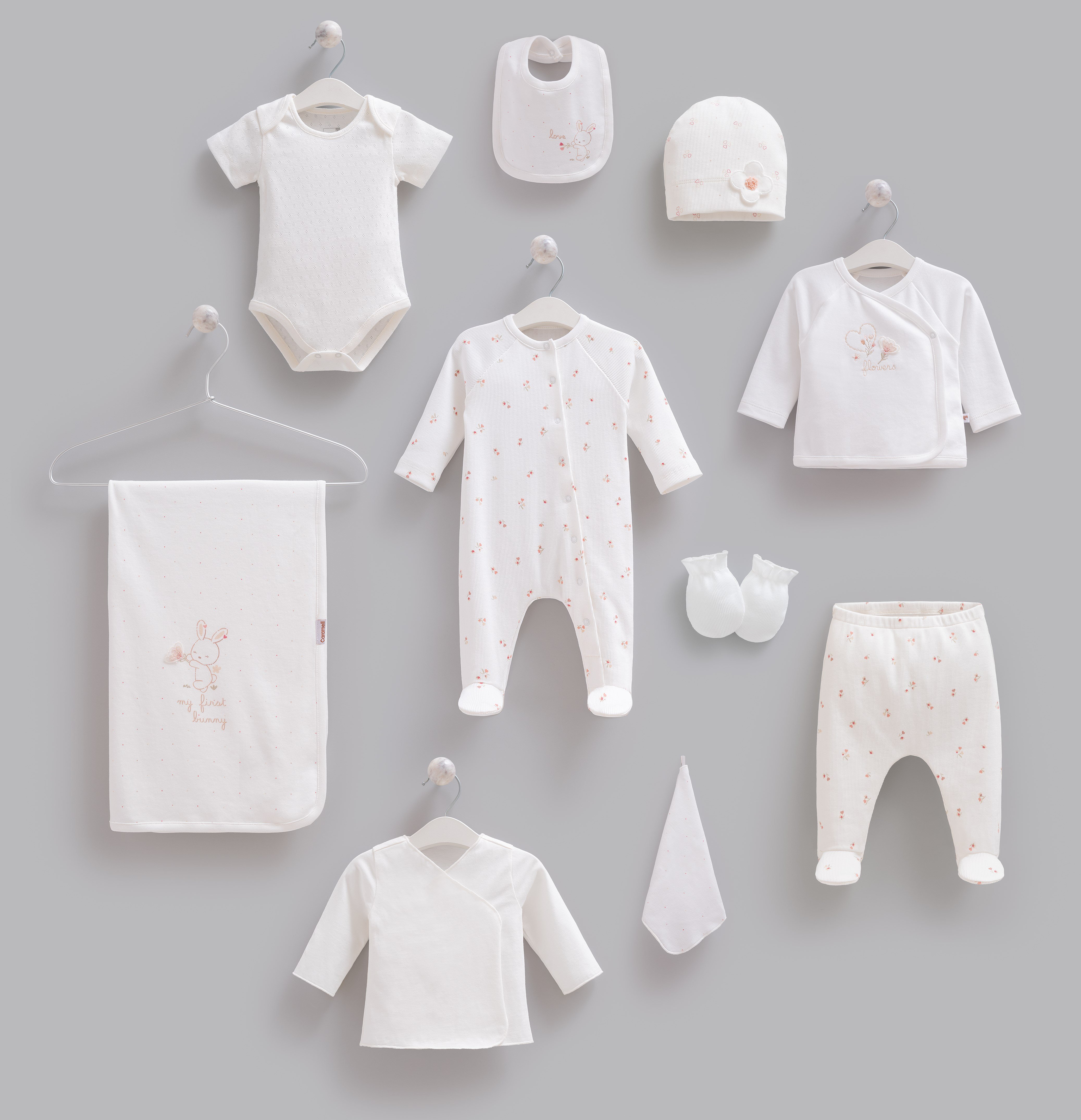 Hastane Çıkışı SetleriCaramell %100 Pamuk Rose Kız 10lu Set Ekru