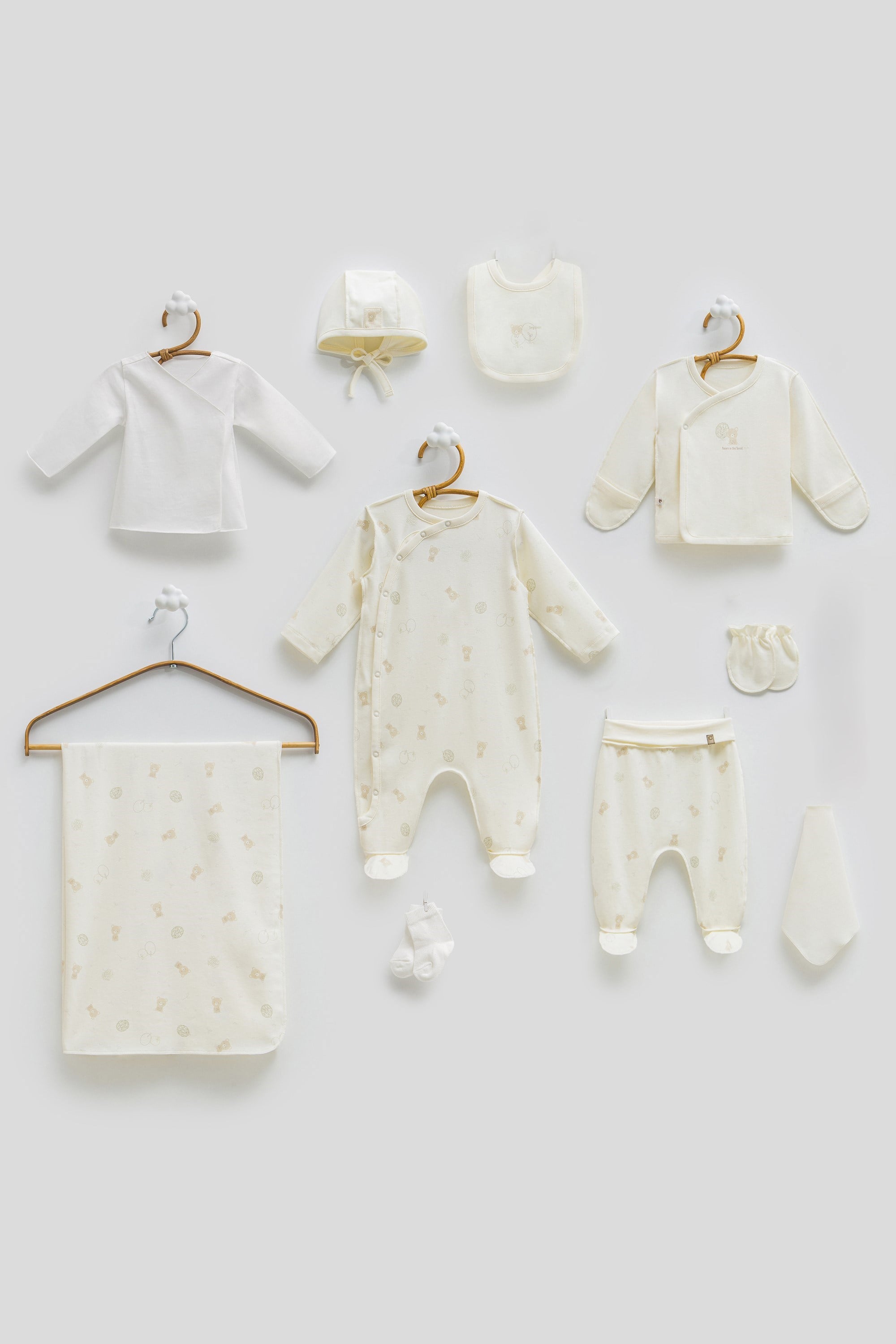 Hastane Çıkışı SetleriCaramell %100 Pamuk Ters Dikişli 10lu Unisex Set Ekru 