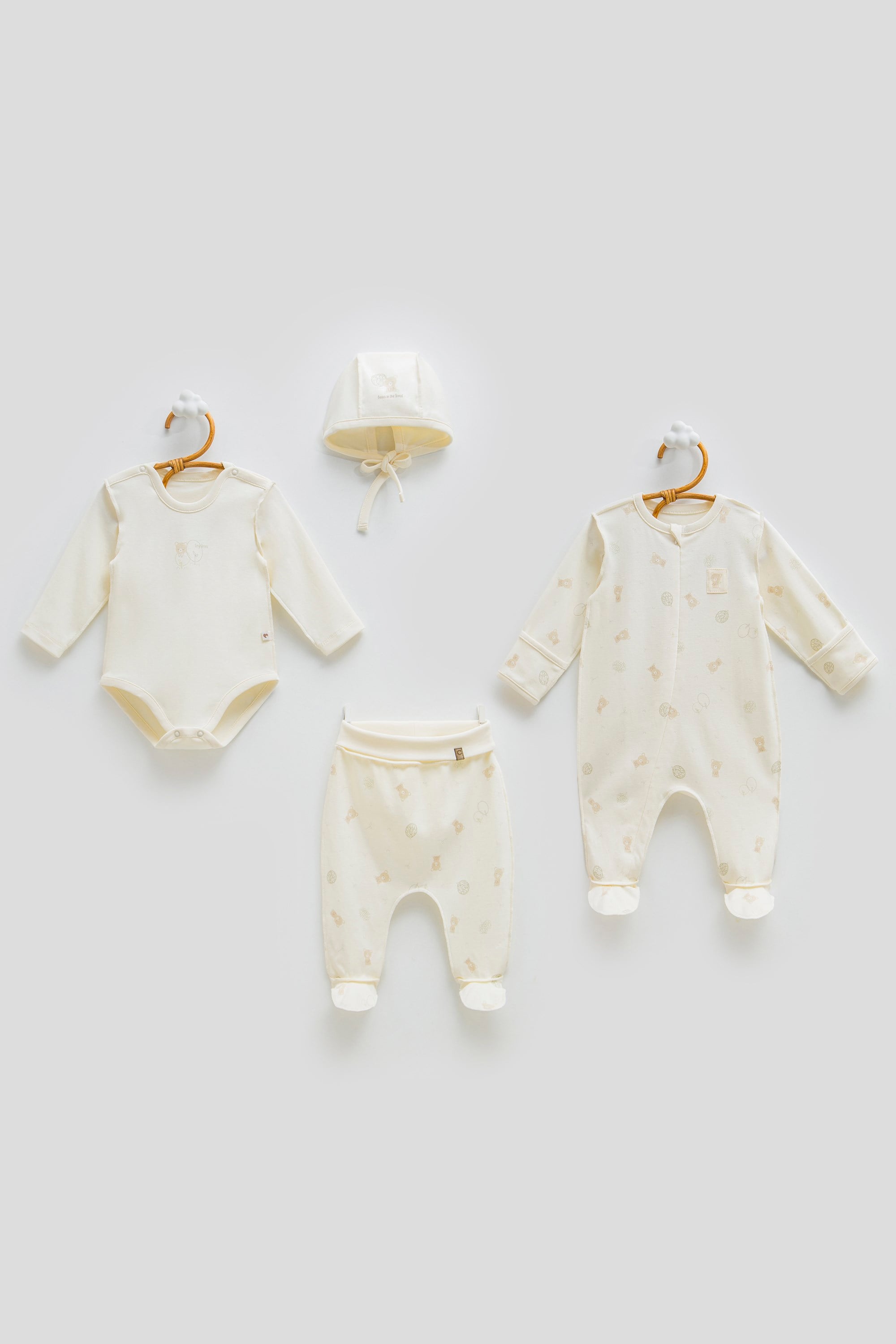Hastane Çıkışı SetleriCaramell 4lü Unisex Ters Dikiş Badi Pant Seti Ekru