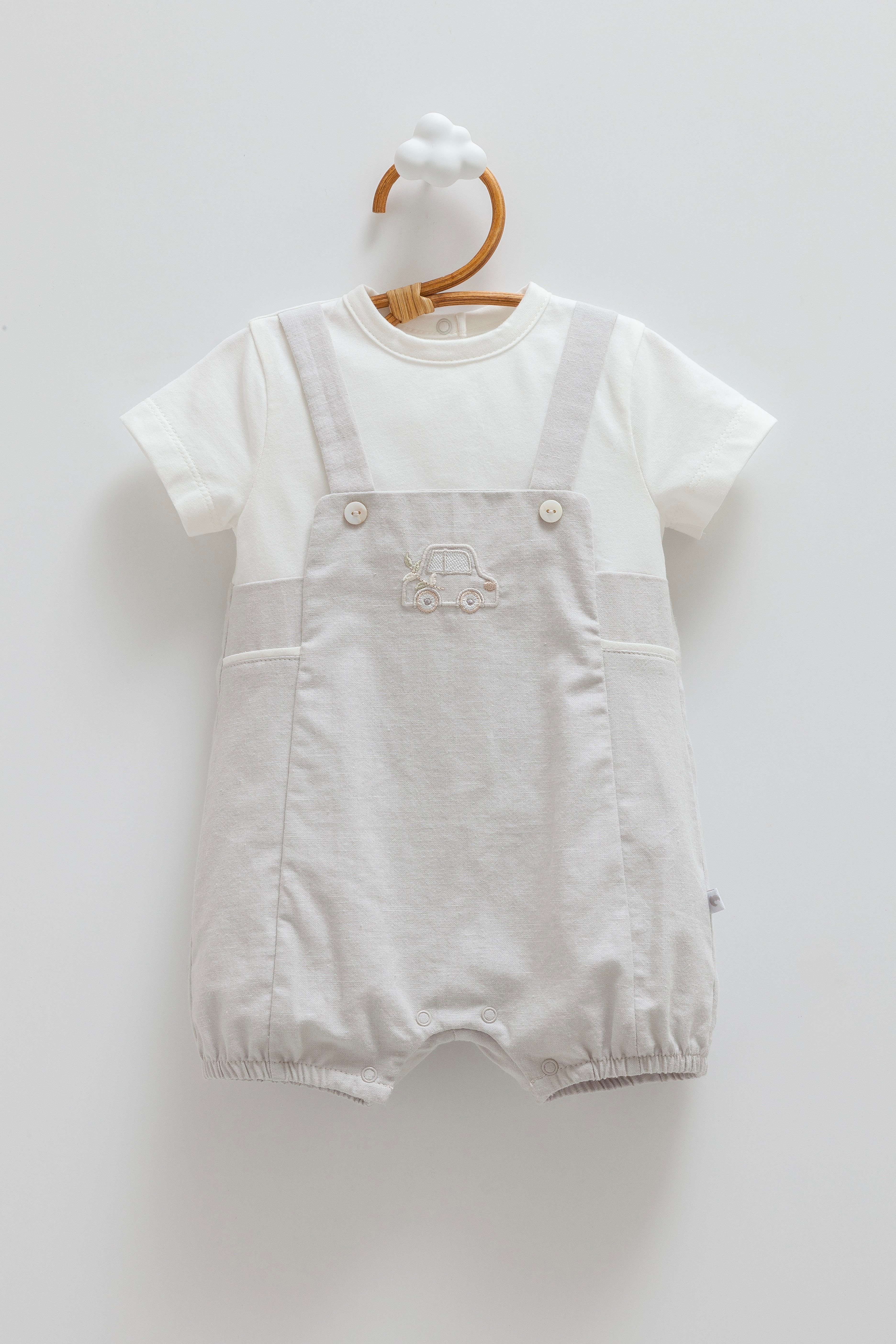 Bebek TulumCaramell Linen Keten Kısa Erkek Tulum Gri
