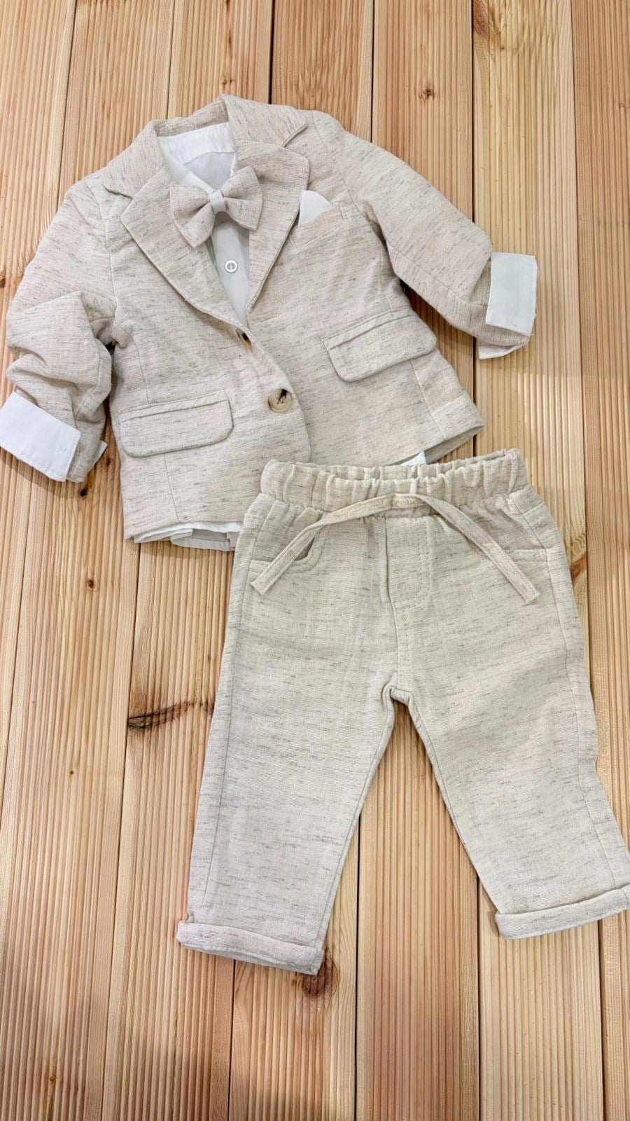 Erkek Bebek TakımCeketli Papyonlu Premium Keten Erkek Takım Ekru