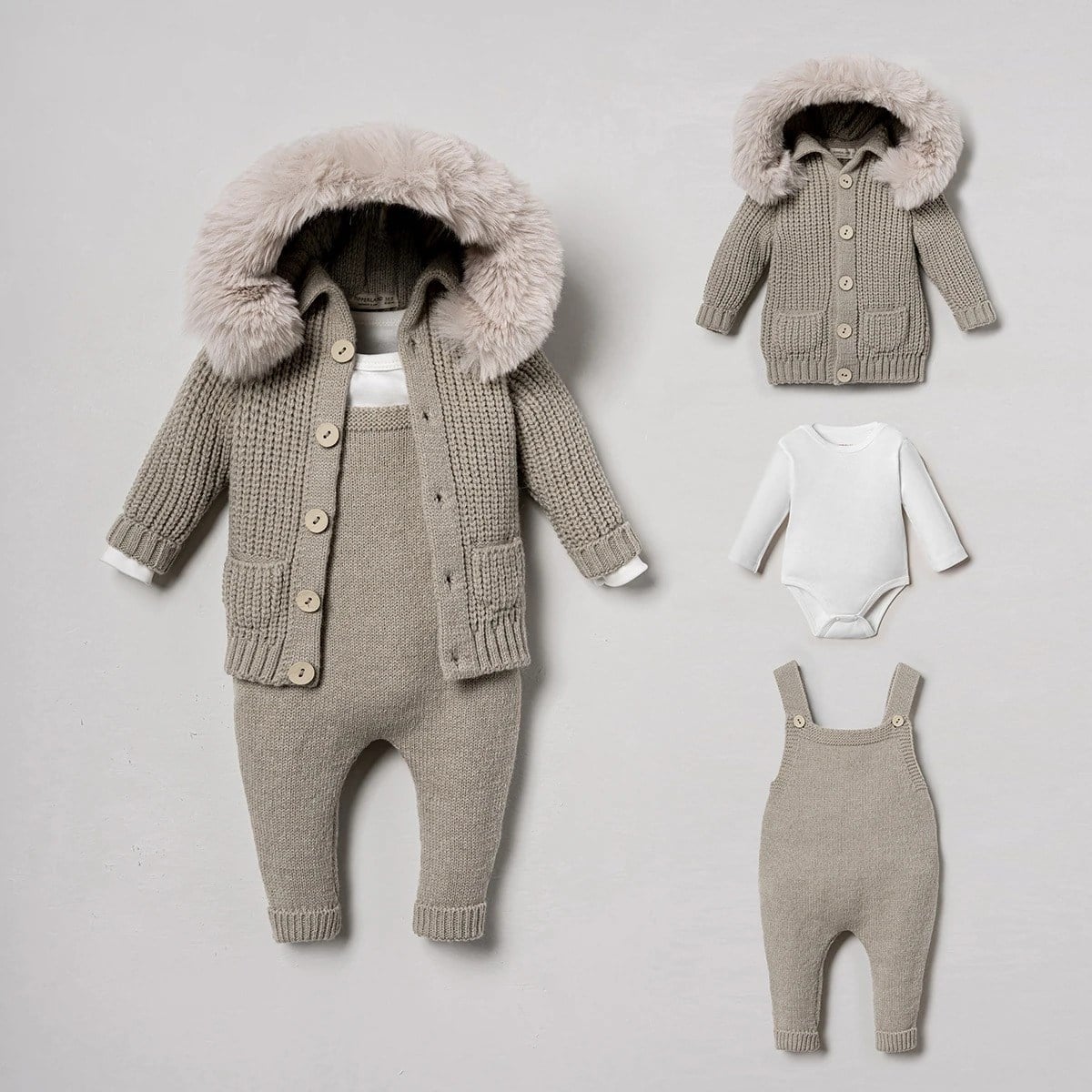 Bebek Tulumları | Yenidoğan TulumlarıNipperland 3lü Unisex Kürklü Bebek Triko Slopet Taş