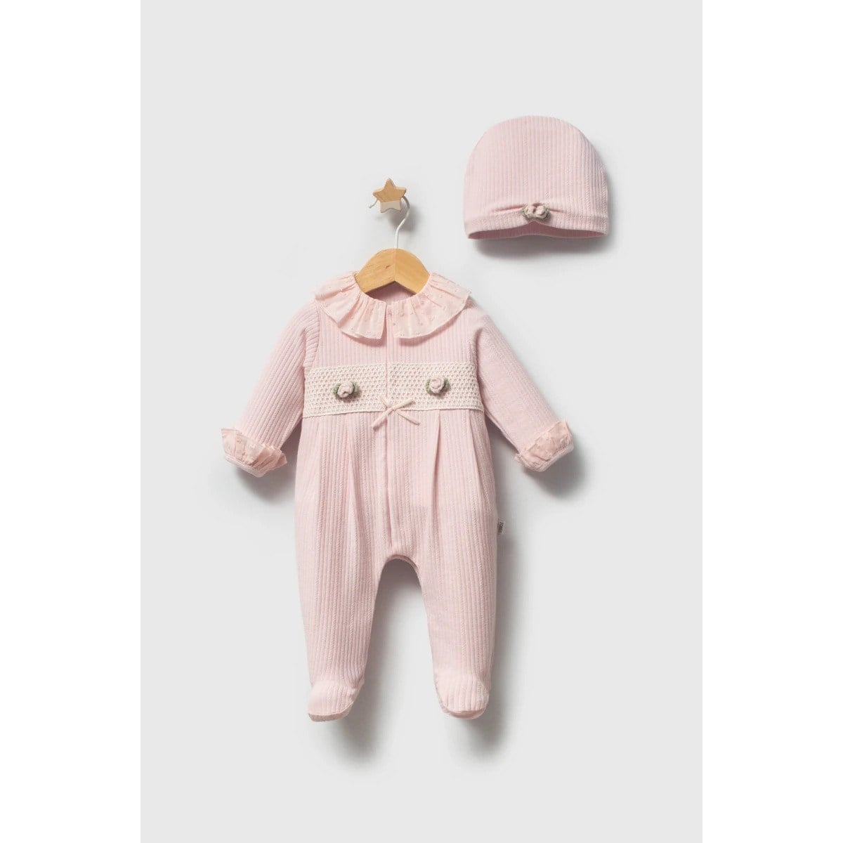 Bebek TulumTongs Çiçekli Linen Şapkalı Kız Tulum Pembe