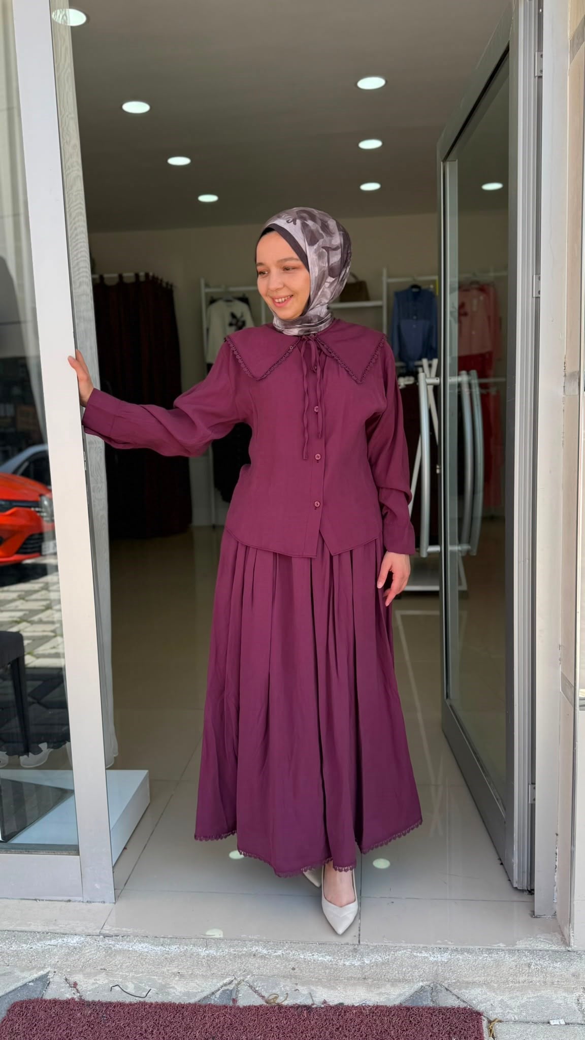 Fisto detaylı etekli takım bordo