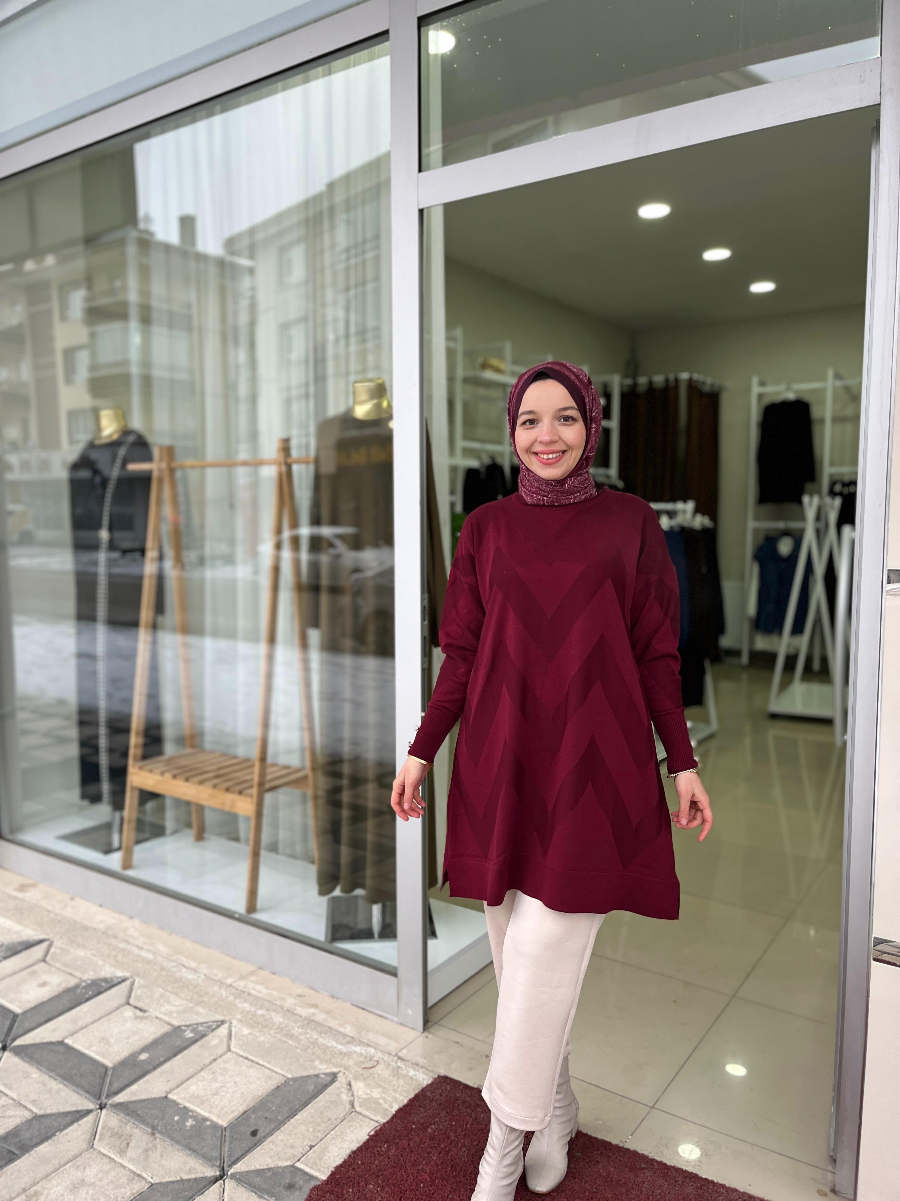 Zikzak desen merserize tunik bordo