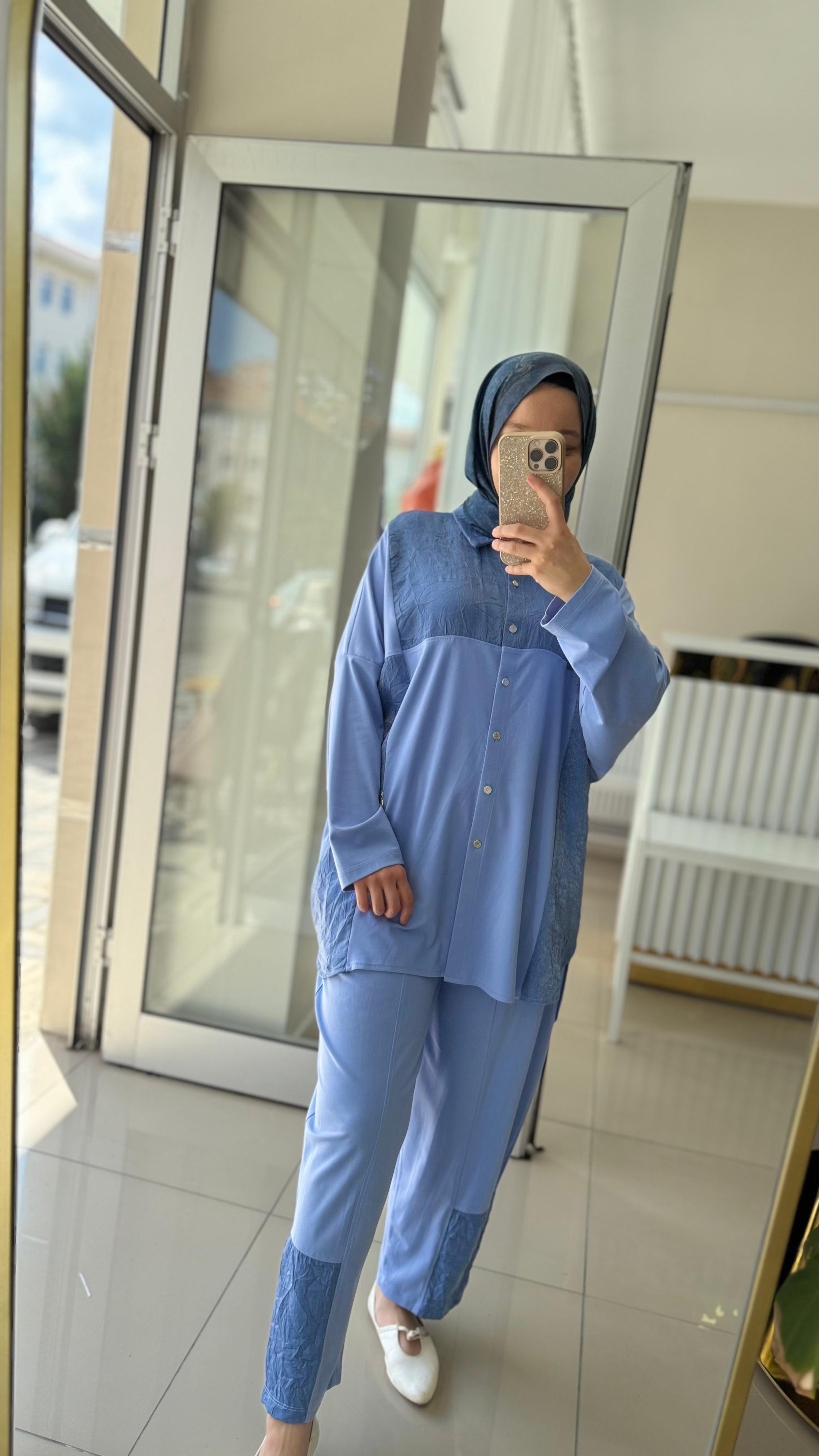 MAVİ TIĞ TRİKO CRUSH PARÇALI PANTOLON TAKIM