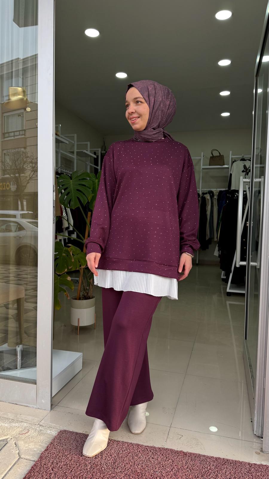 PİLE DETAY TAŞLI OYSHO TAKIM BORDO