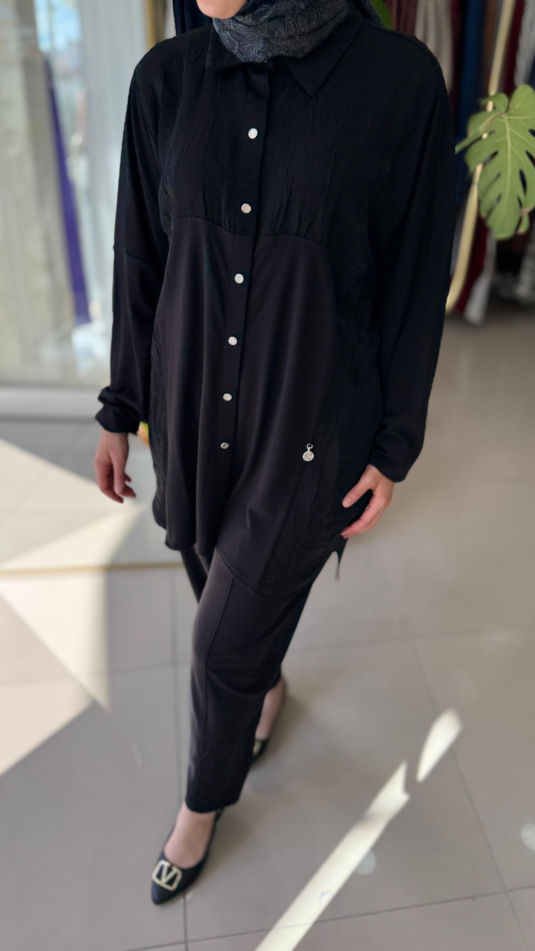 SİYAH TIĞ TRİKO CRUSH PARÇALI PANTOLON TAKIM 