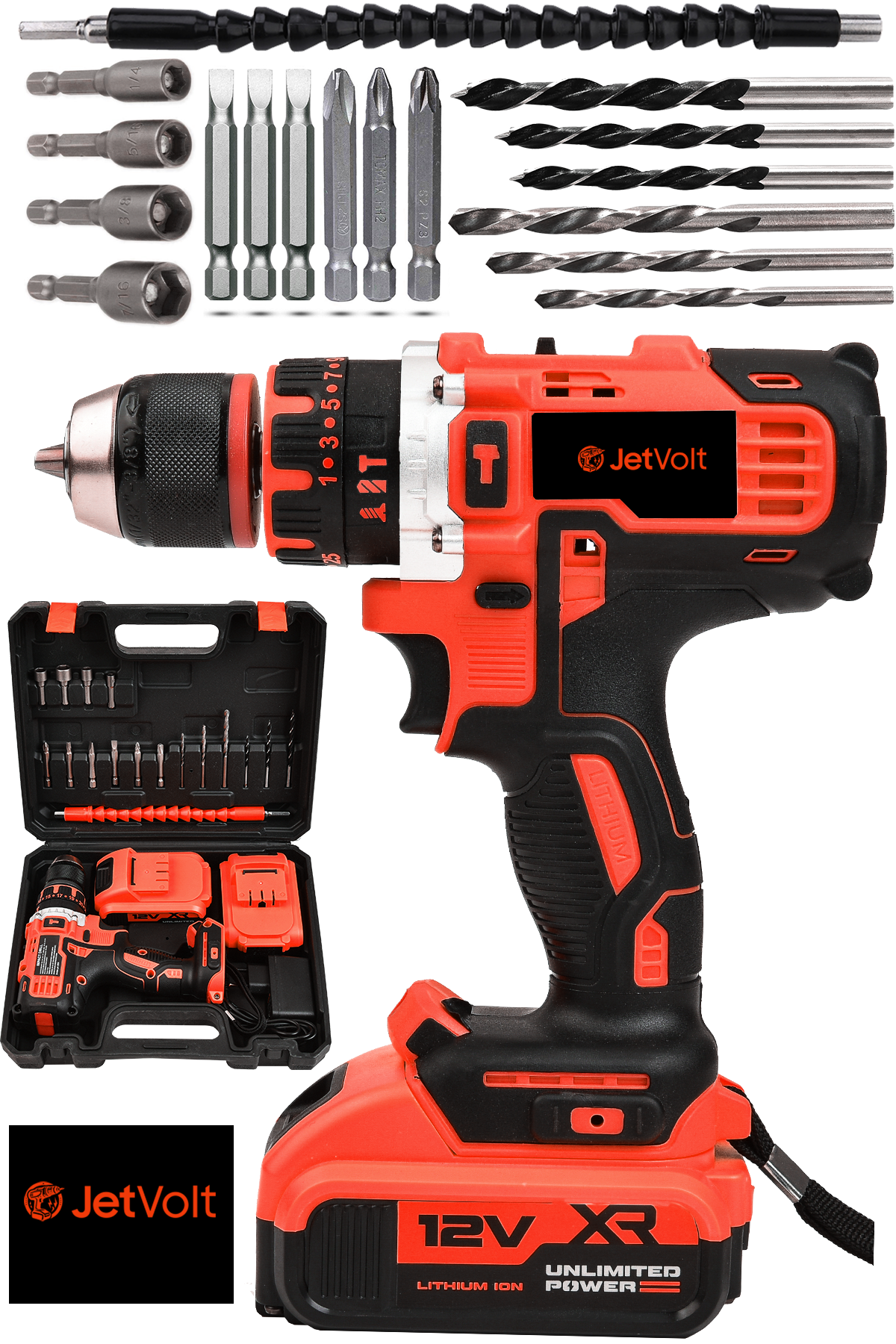JetVolt 12V 1.5Ah Çelik Şanzıman Çift Akülü Darbeli Şarjlı Matkap Akülü Vidalama - Kırmızı