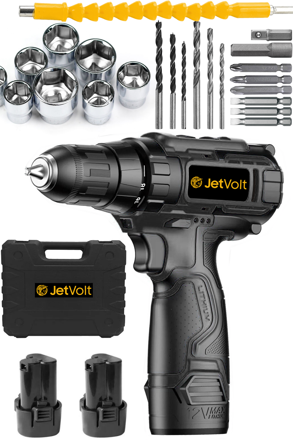 JetVolt 12V 1.5Ah Şarjlı Matkap 24 Parça - Siyah