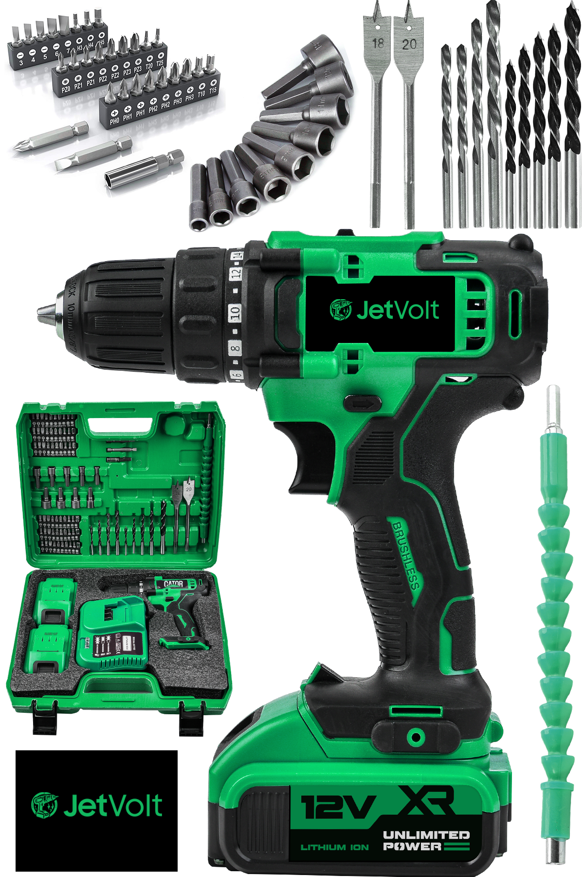 JetVolt 12V 1.5Ah Metal Şanzuman Çift Akülü 84 Parça Şarjlı Matkap Akülü Vidalama - Yeşil