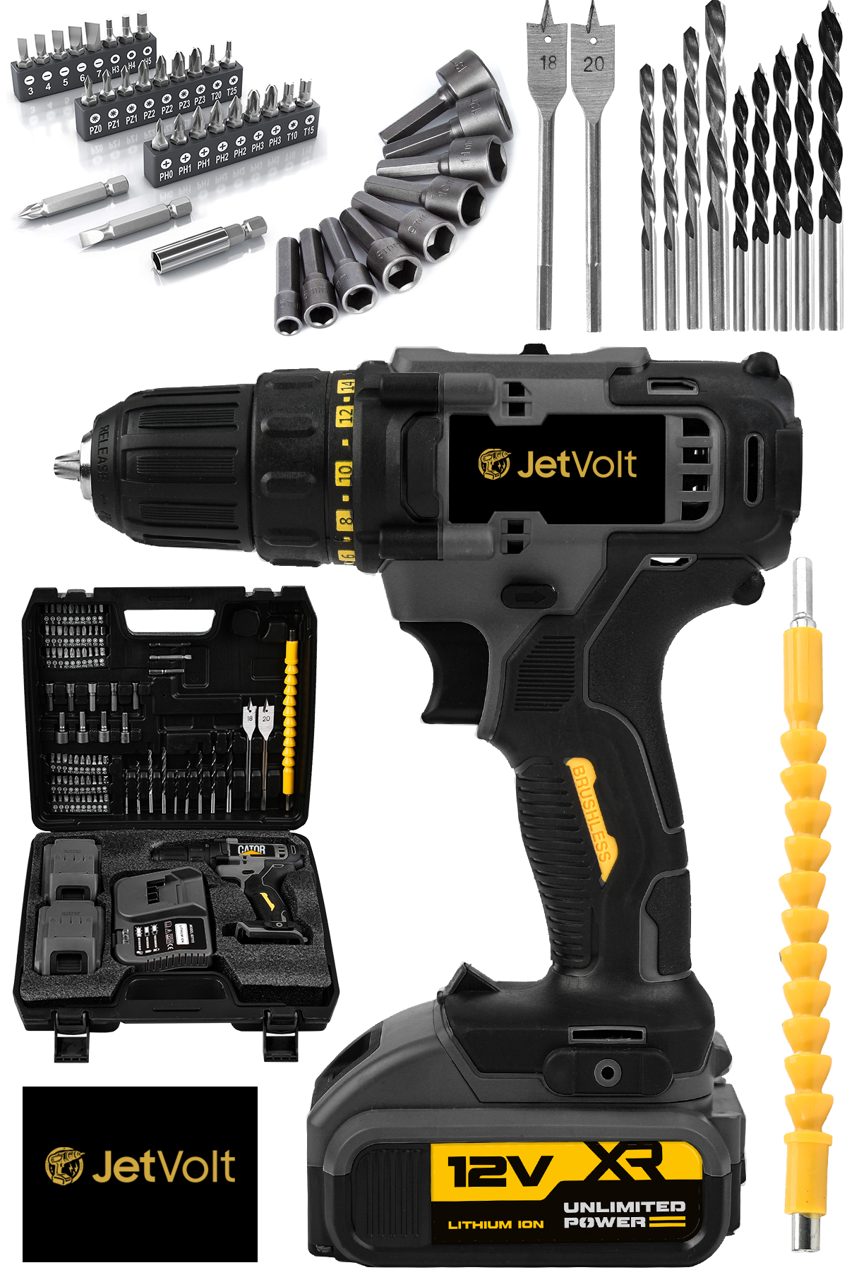 JetVolt 12V 1.5Ah Metal Şanzuman Çift Akülü 84 Parça Şarjlı Matkap Akülü Vidalama - Siyah
