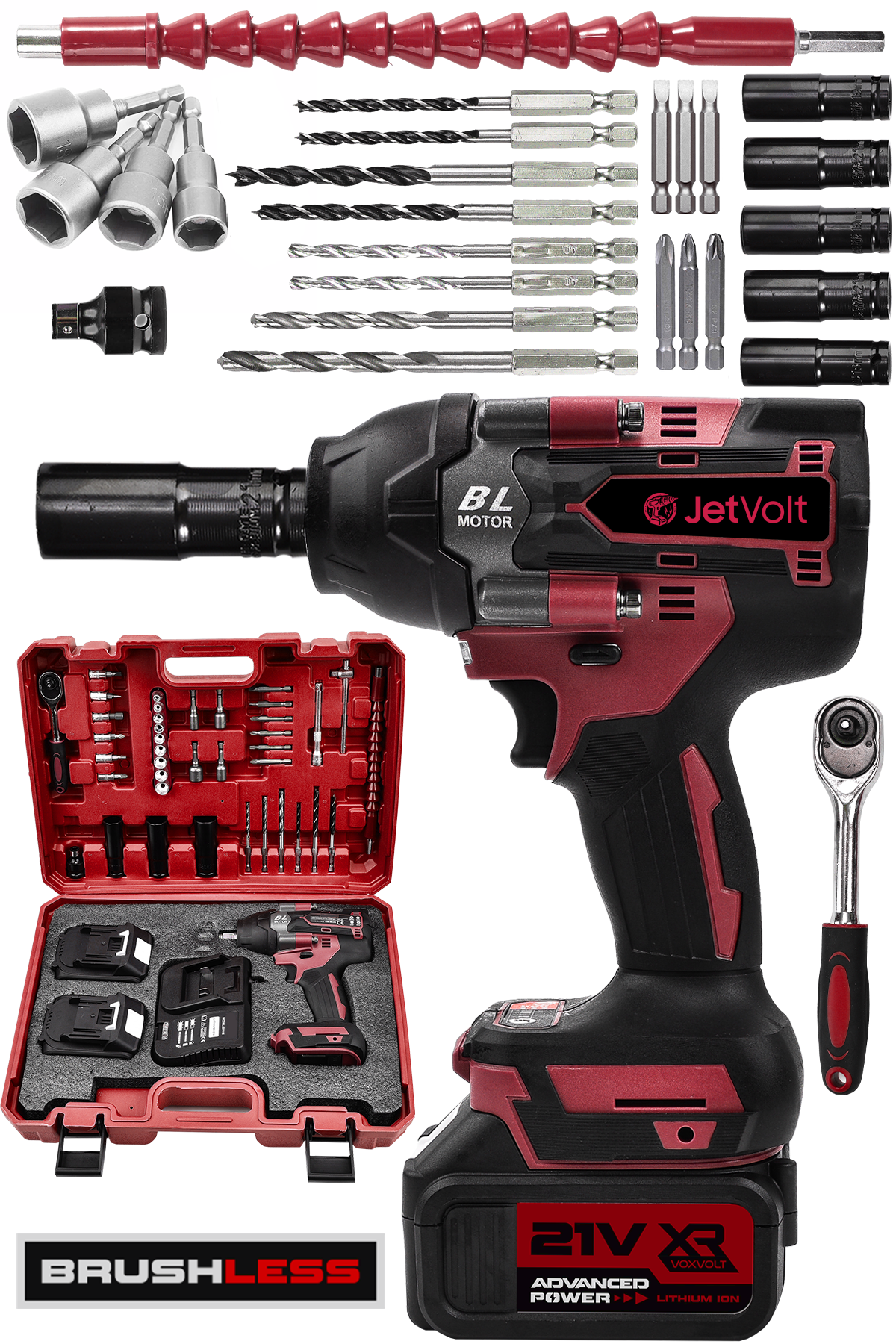JetVolt 21V 2.0Ah Akülü Vidalama Darbeli Kömürsüz Motor 800Nm 10 Pilli Bijon Somun Sökme Sıkma - Kırmızı