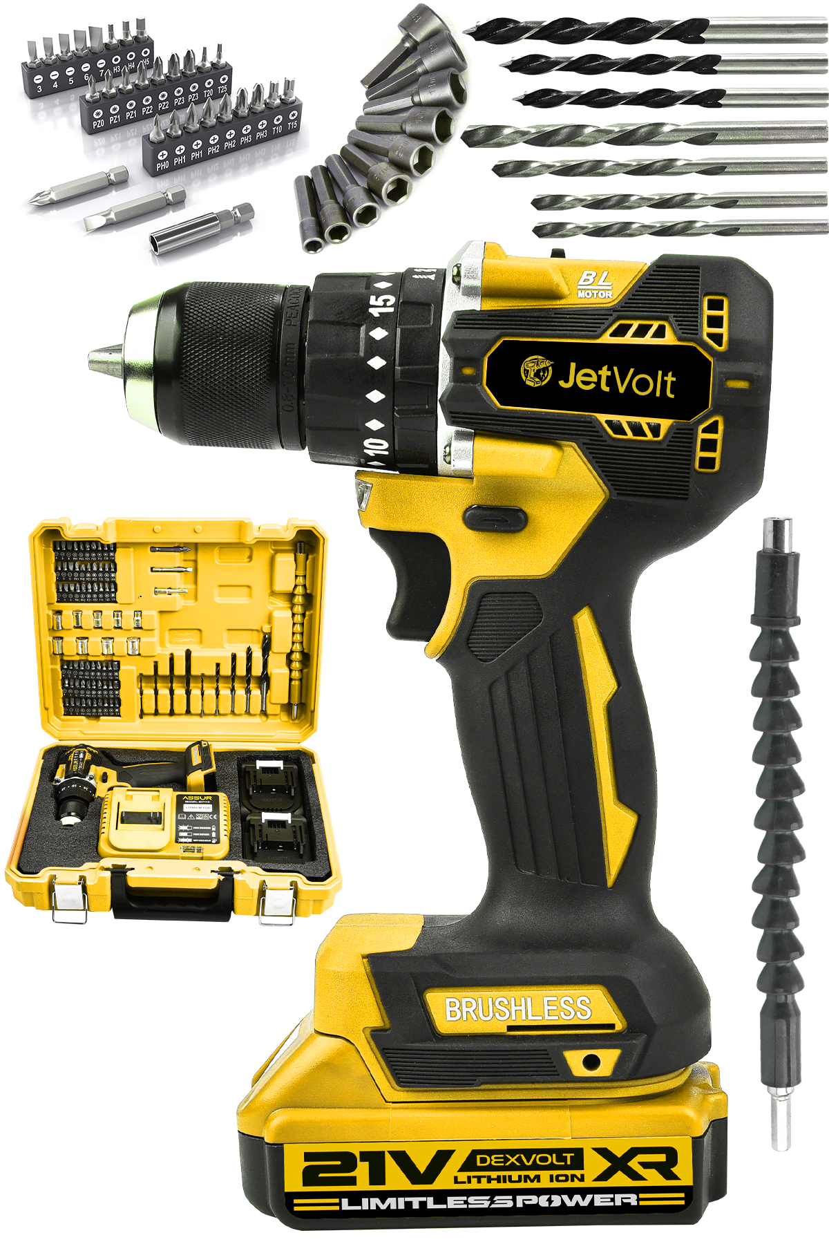 JetVolt 21V 2.0Ah Kömürsüz Motor Çelik Mandren Darbeli Şarjlı Matkap Akülü Vidalama - Sarı