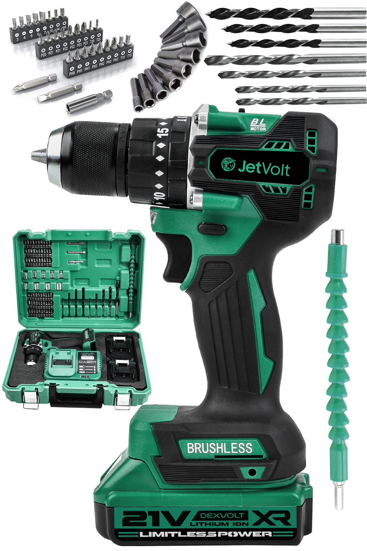 JetVolt 21V 2.0Ah Kömürsüz Motor Çelik Mandren Darbeli Şarjlı Matkap Akülü Vidalama - Yeşil