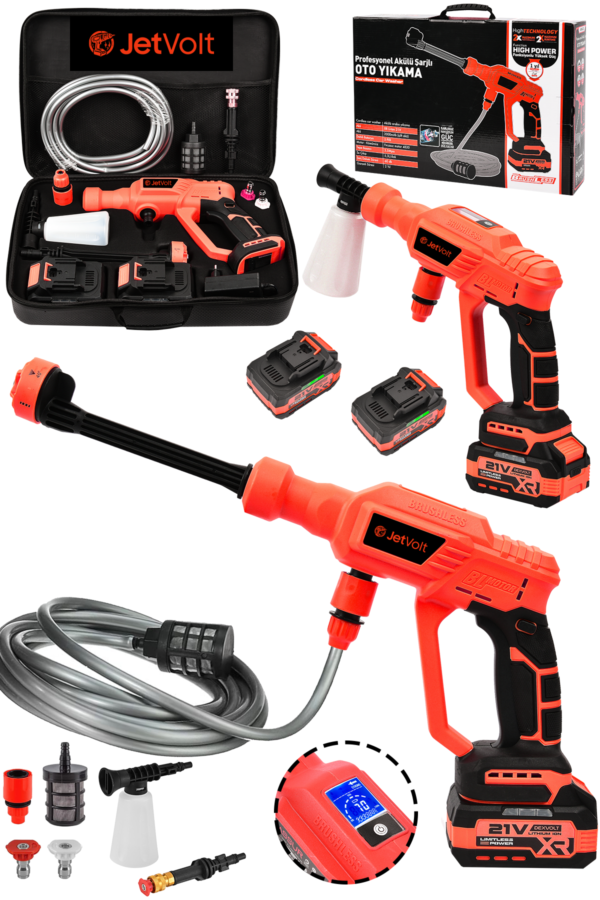 JetVolt 21V 2.0Ah Kömürsüz Motor Yüksek Basınçlı Akülü Oto Araba Yıkama Makinesi Şarjlı - Kırmızı