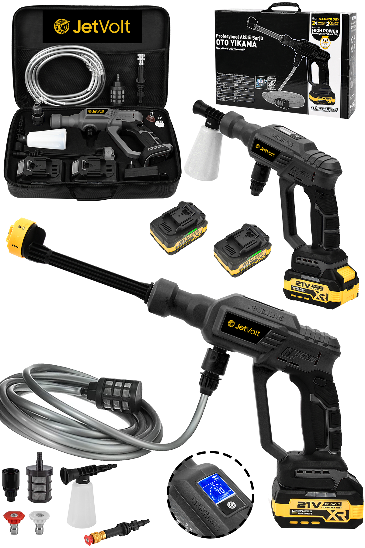 JetVolt 21V 2.0Ah Kömürsüz Motor Yüksek Basınçlı Akülü Oto Araba Yıkama Makinesi Şarjlı - Siyah