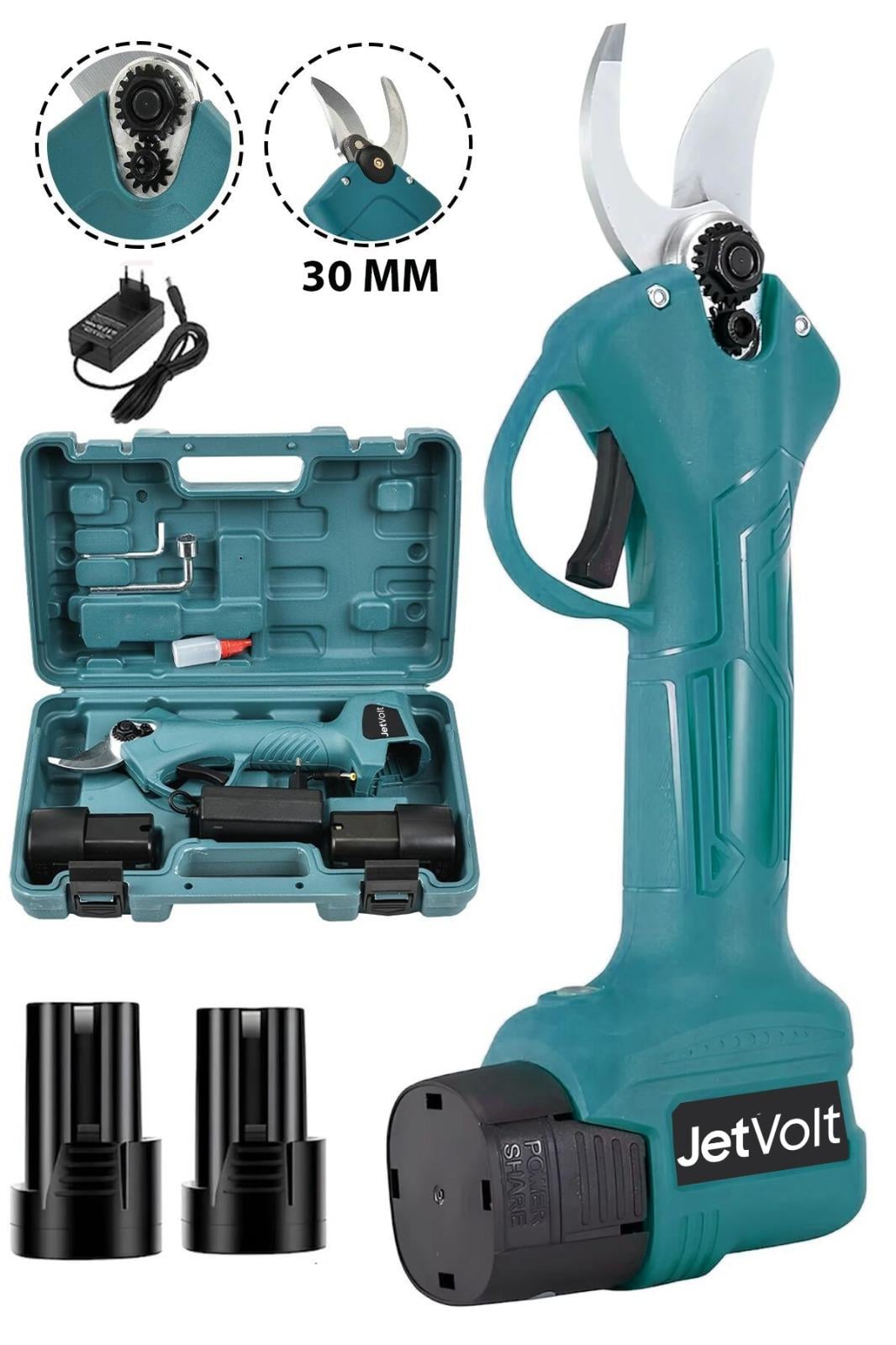 JetVolt 21v 5ah Profesyonel Çift Akülü Bahçe Sera Süper Budama Bağ Makası Şarjlı Budama Makinesi 30 MM - Mavi