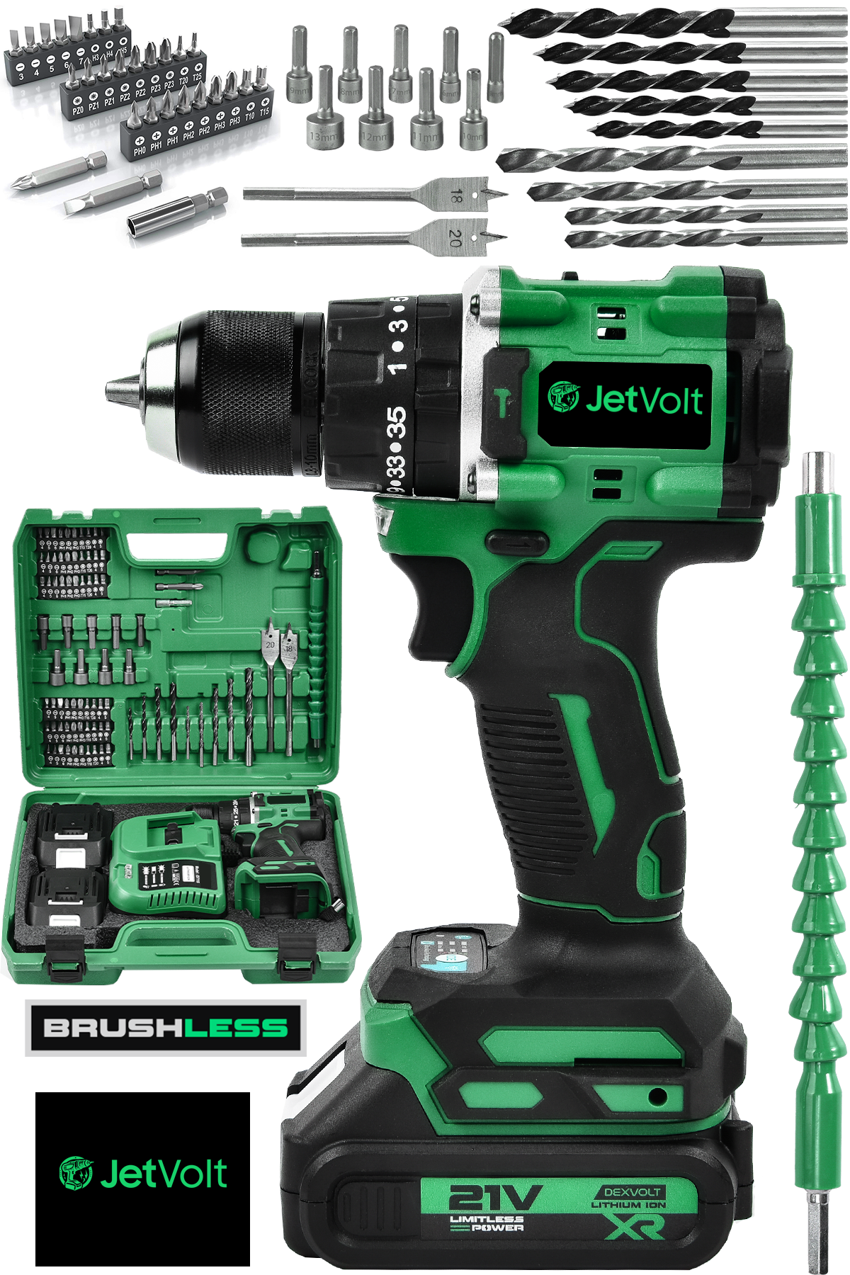 JetVolt 21V Çelik Mandren Kömürsüz Motor Darbeli Şarjlı Matkap Vidalama - Yeşil