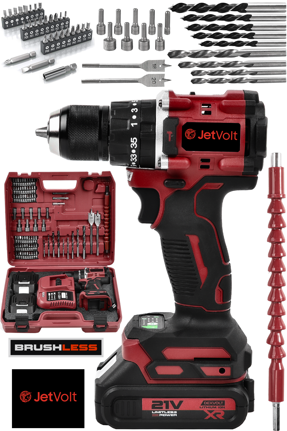 JetVolt 21V Çelik Mandren Kömürsüz Motor Darbeli Şarjlı Matkap Vidalama - Kırmızı