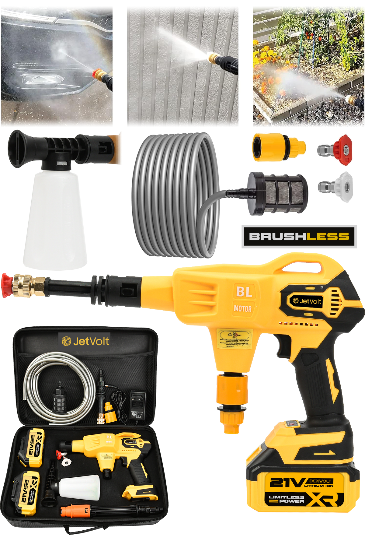 JetVolt 21V Kömürsüz Motor Yüksek Basınçlı Akülü Oto Araba Yıkama Makinesi Şarjlı - Sarı