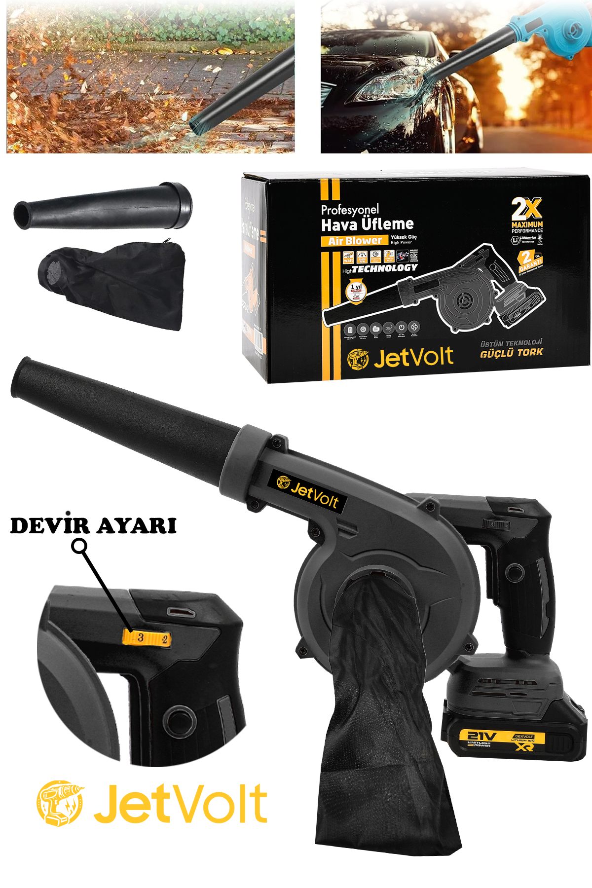 JetVolt 21V Şarjlı Kompresör Hava Üfleme Makinesi - Siyah
