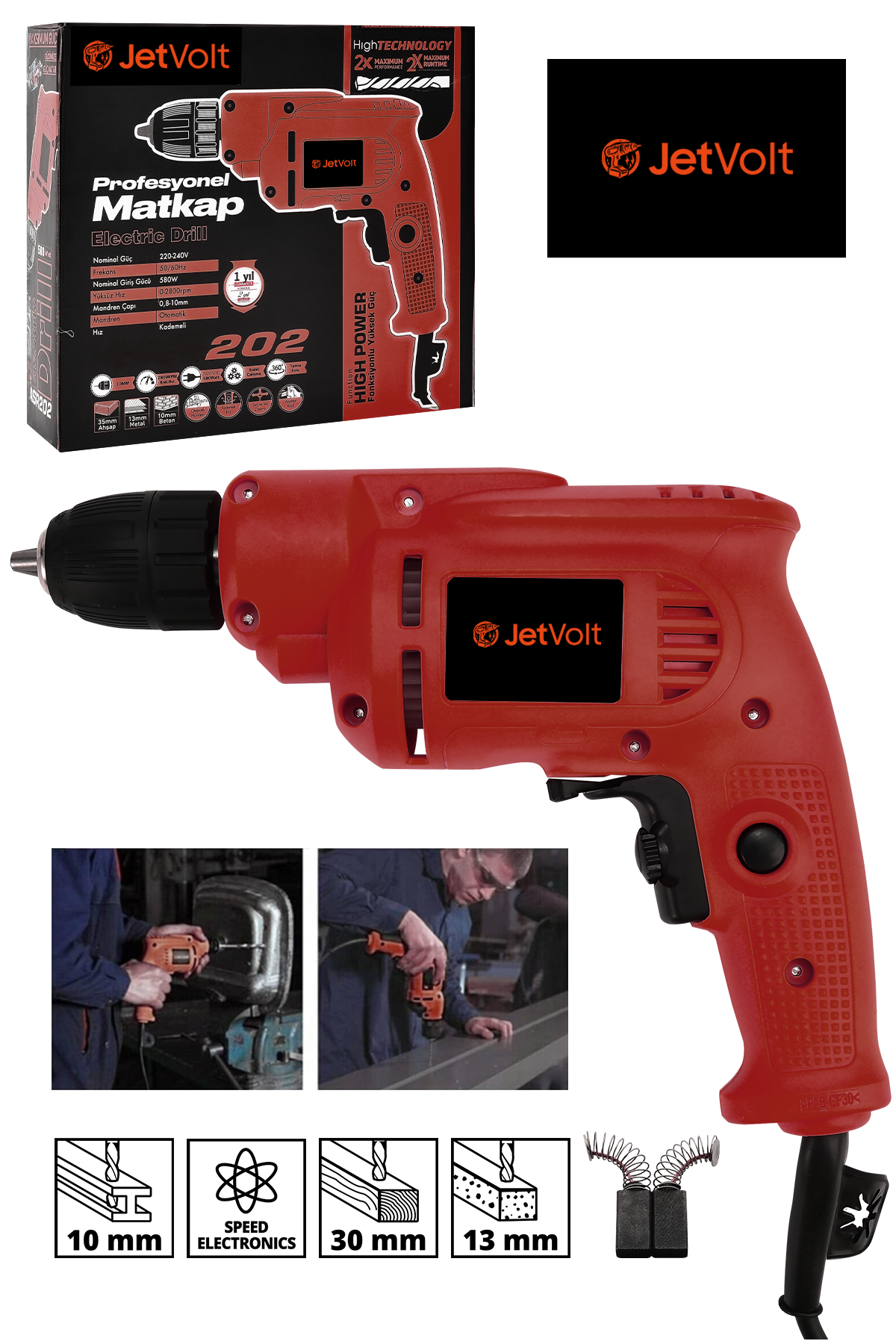JetVolt 240V 60Hz Profesional 580W Metal Şanzıman 10mm Elektrikli Matkap - Kırmızı