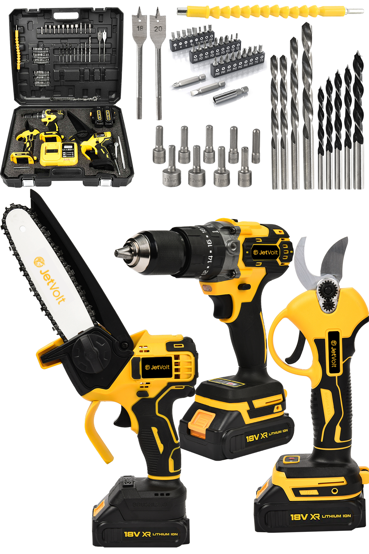 JetVolt 3 lü Set Kömürsüz Motor Çift Akülü Şarjlı Matkap Şarjlı Budama Makası Şarjlı Budama Testeresi - Sarı