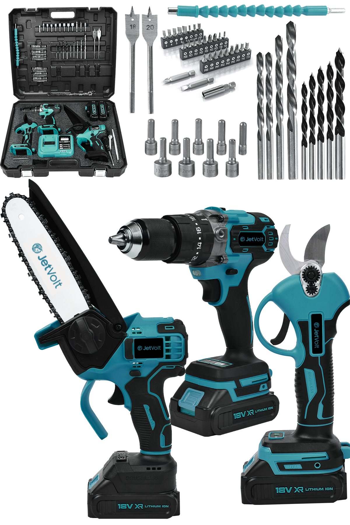 JetVolt 3 lü Set Kömürsüz Motor Çift Akülü Şarjlı Matkap Şarjlı Budama Makası Şarjlı Budama Testeresi - Mavi