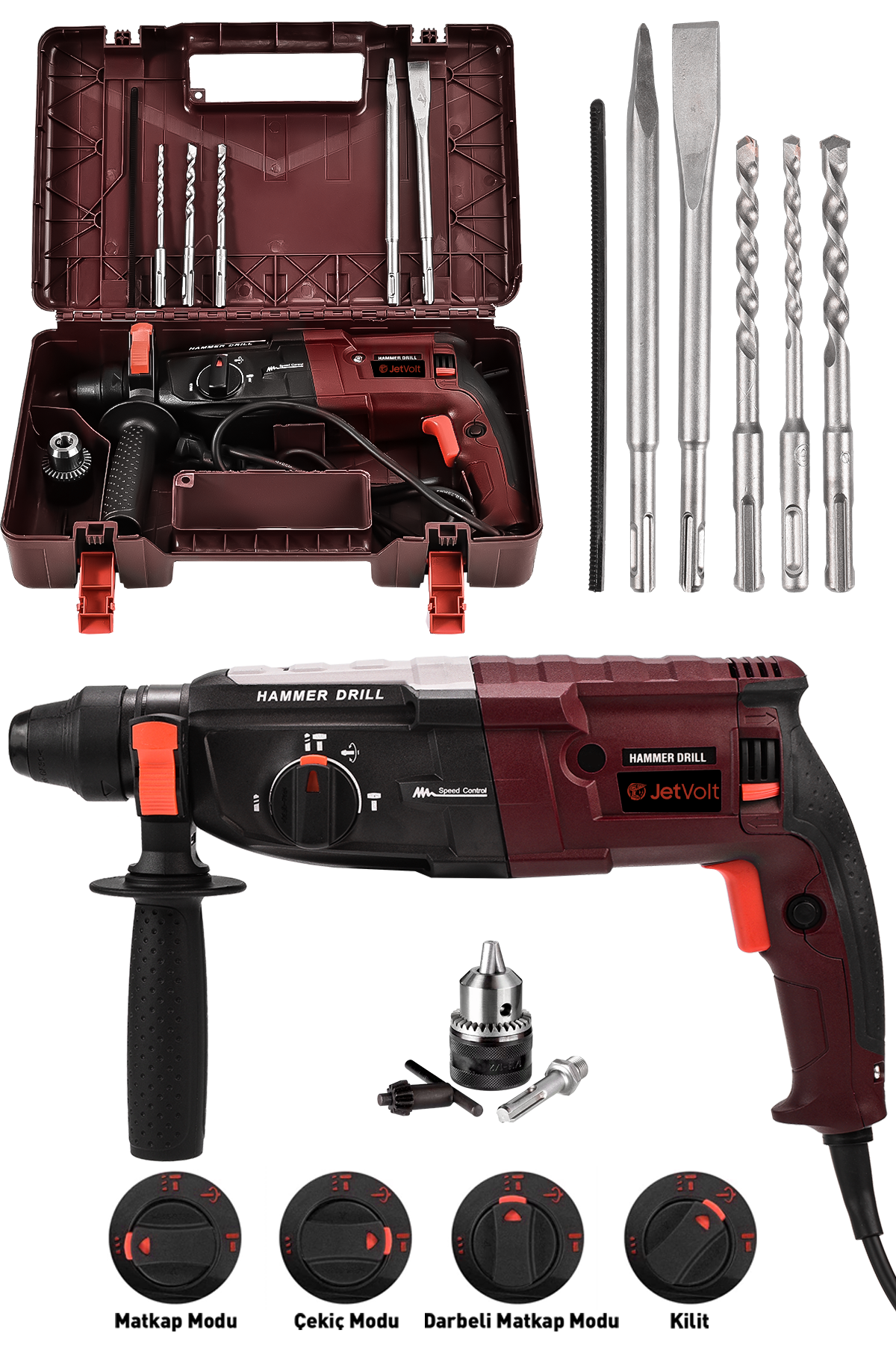 JetVolt 850W Metal Şanzıman Darbeli Matkap Kırıcı Delici Hilti 2-28mm - Kırmızı