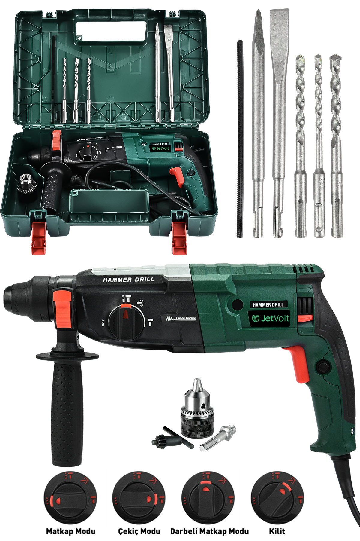 JetVolt 850W Metal Şanzıman Darbeli Matkap Kırıcı Delici Hilti 2-28mm - Yeşil
