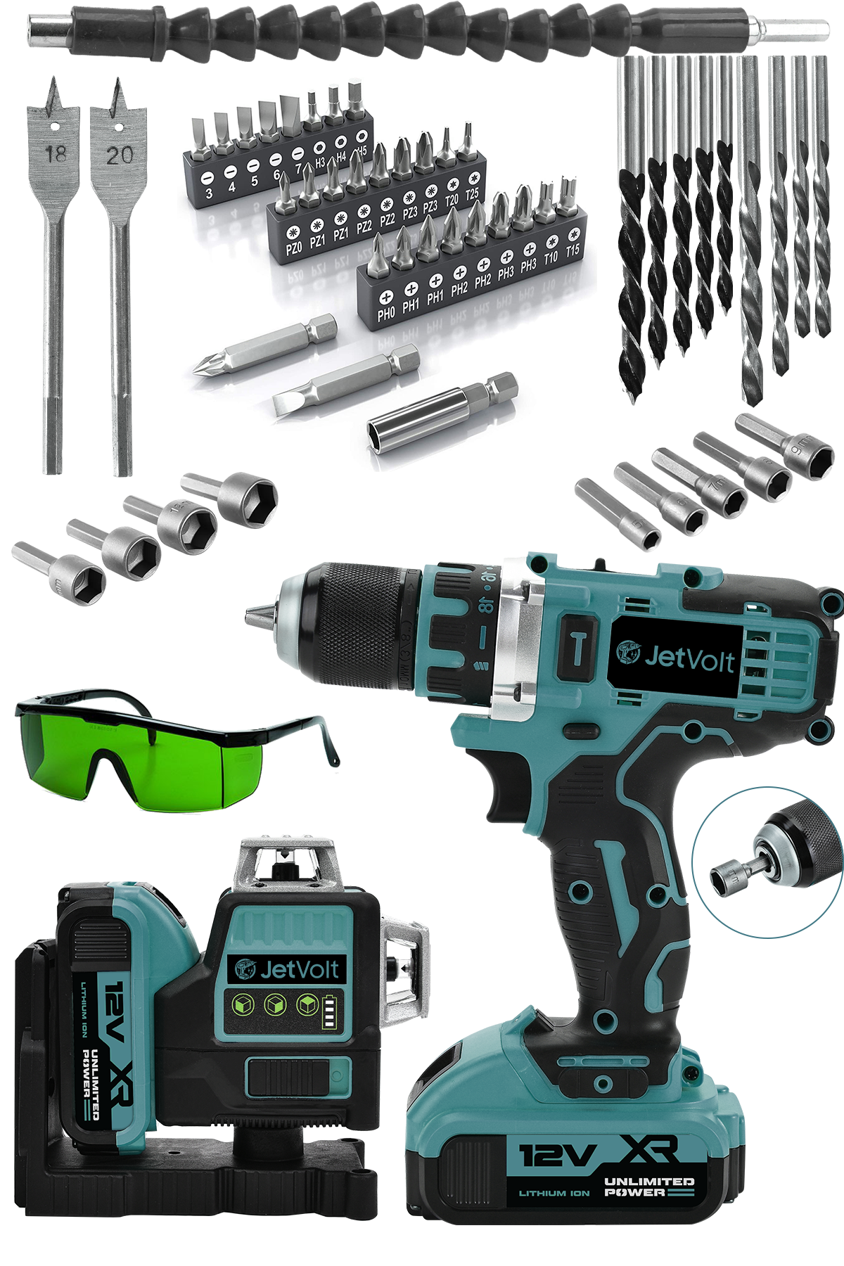 JetVolt Çift Akülü 12 Köşe 360° Otomatik Hizalamalı Lazer Metre ve Çelik Mandren 84 Parça Şarjlı Matkap - Mavi