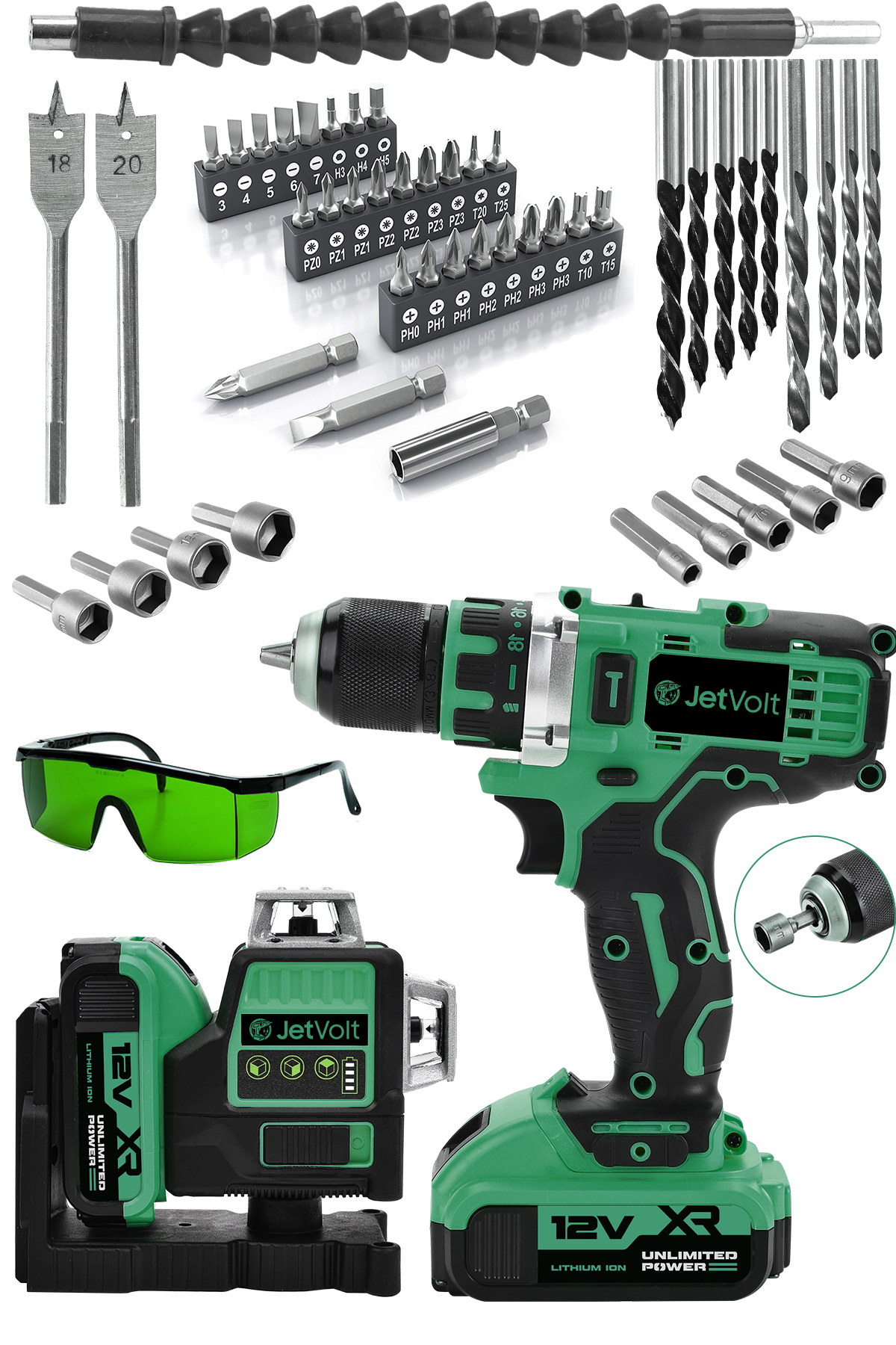 JetVolt Çift Akülü 12 Köşe 360° Otomatik Hizalamalı Lazer Metre ve Çelik Mandren 84 Parça Şarjlı Matkap - Yeşil