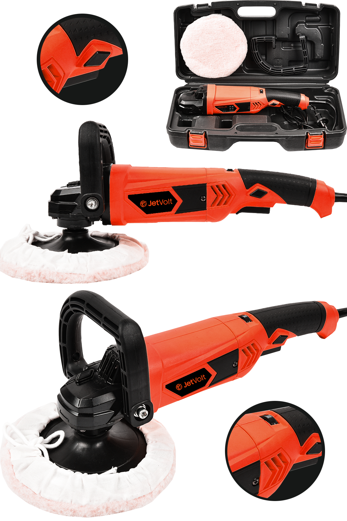 JetVolt Devir Ayarlı Polisaj Makinesi 6 Kademeli Pasta Cila Kiti 1300 Watt 180 mm - Kırmızı