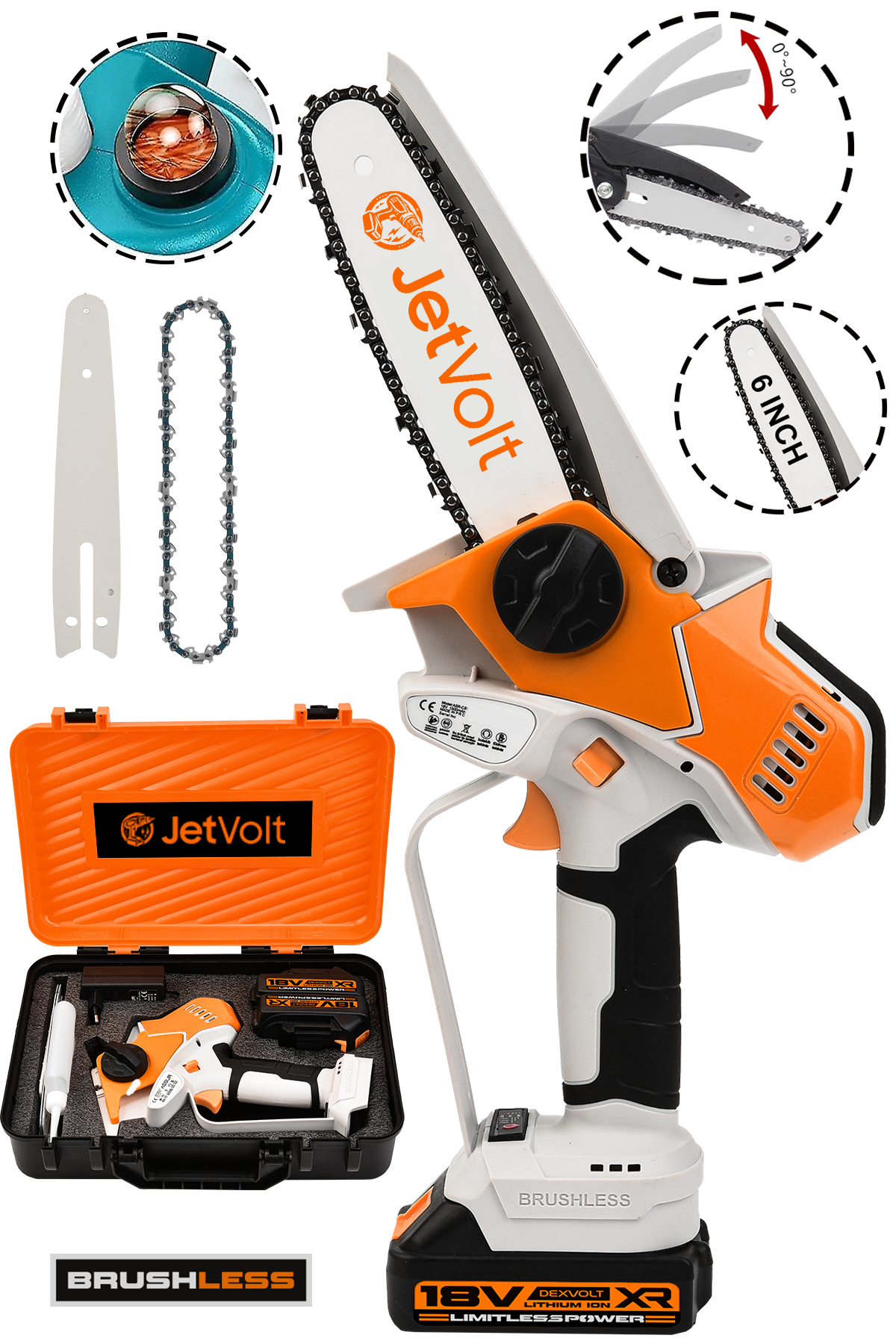JetVolt Extra Power Kömürsüz Motor Şarjlı El Testeresi Ağaç Odun Dal Kesme Budama Mavi - Turuncu
