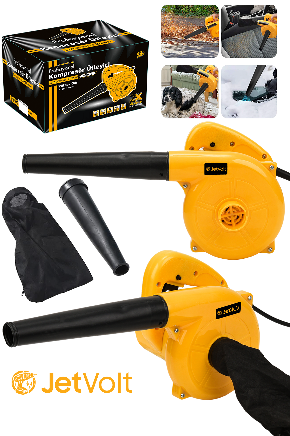 JetVolt Hava Üfleme Emme Makinesi 6 Kademe Devir Ayarlı 600 Watt Elektrikli Hava Üfleme Körüğü - Sarı