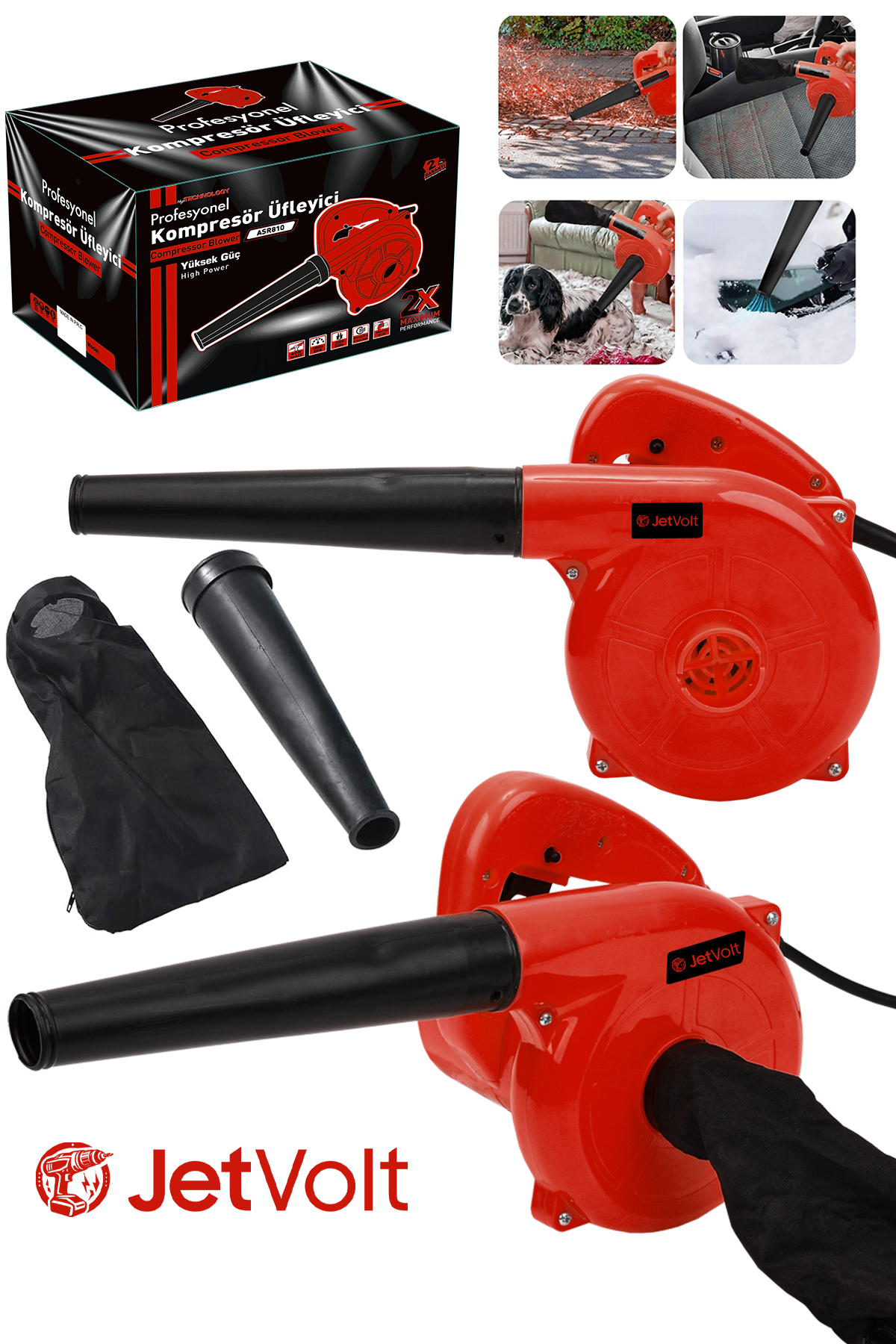 JetVolt Hava Üfleme Emme Makinesi 6 Kademe Devir Ayarlı 600 Watt Elektrikli Hava Üfleme Körüğü - Kırmızı