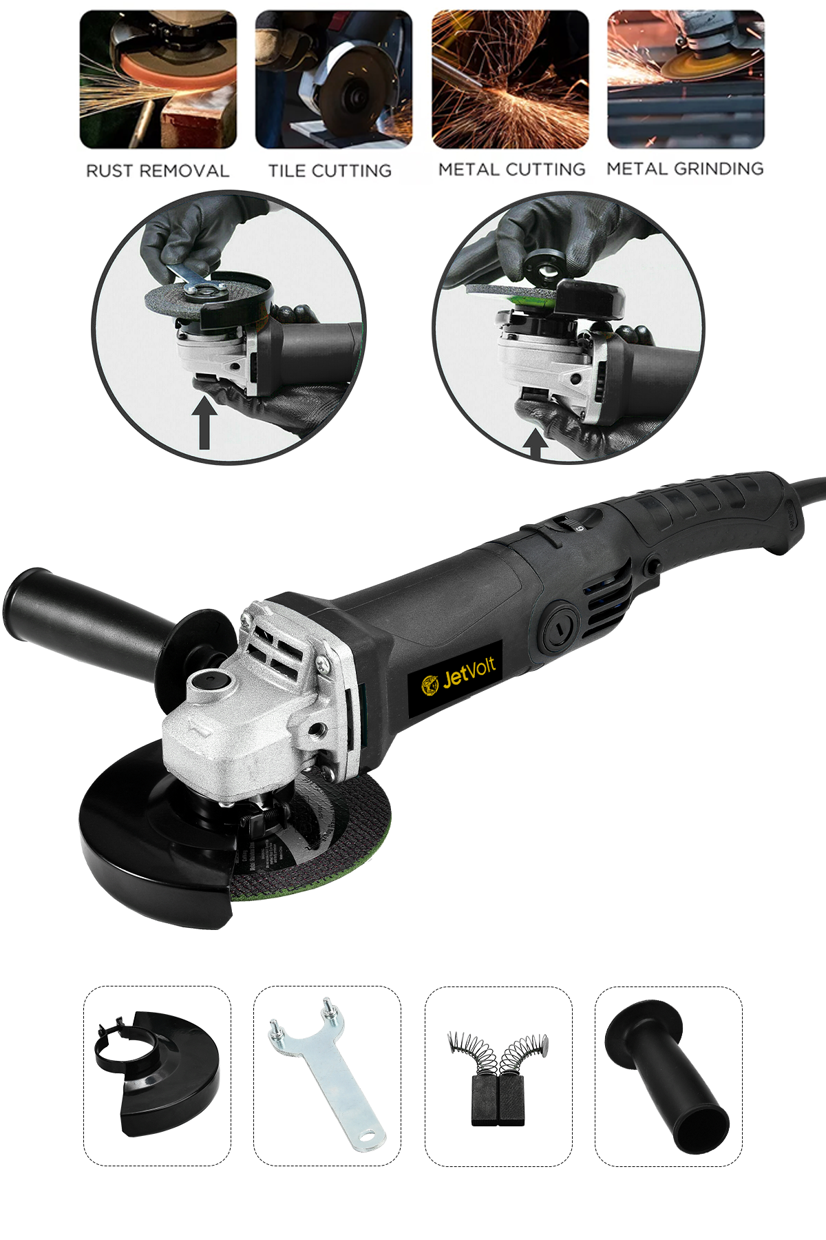 JetVolt Profesyonel 1200W Avuç Taşlama Makinesi 125mm 6 Kademeli Uzun Kuyruk - Siyah