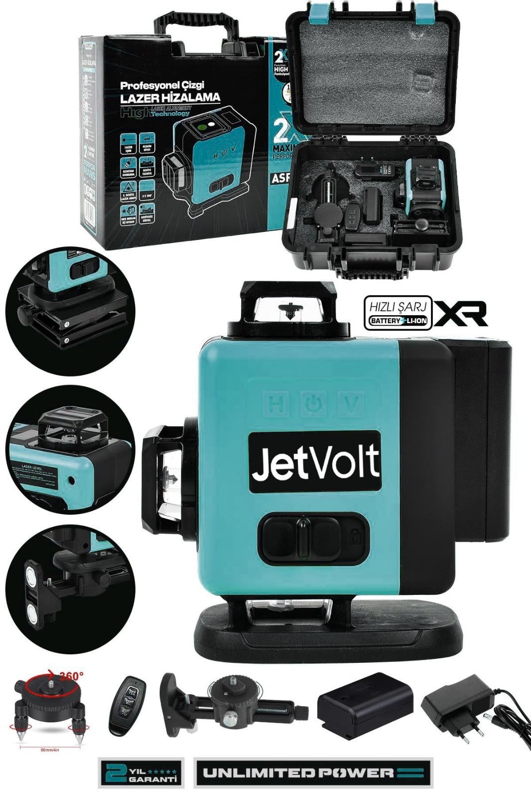 JetVolt Profesyonel 360° Lazer Hizalama 16 Köşe Otomatik Hizalama Yeşil Çizgili Lazer Metre Hizalama - Mavi