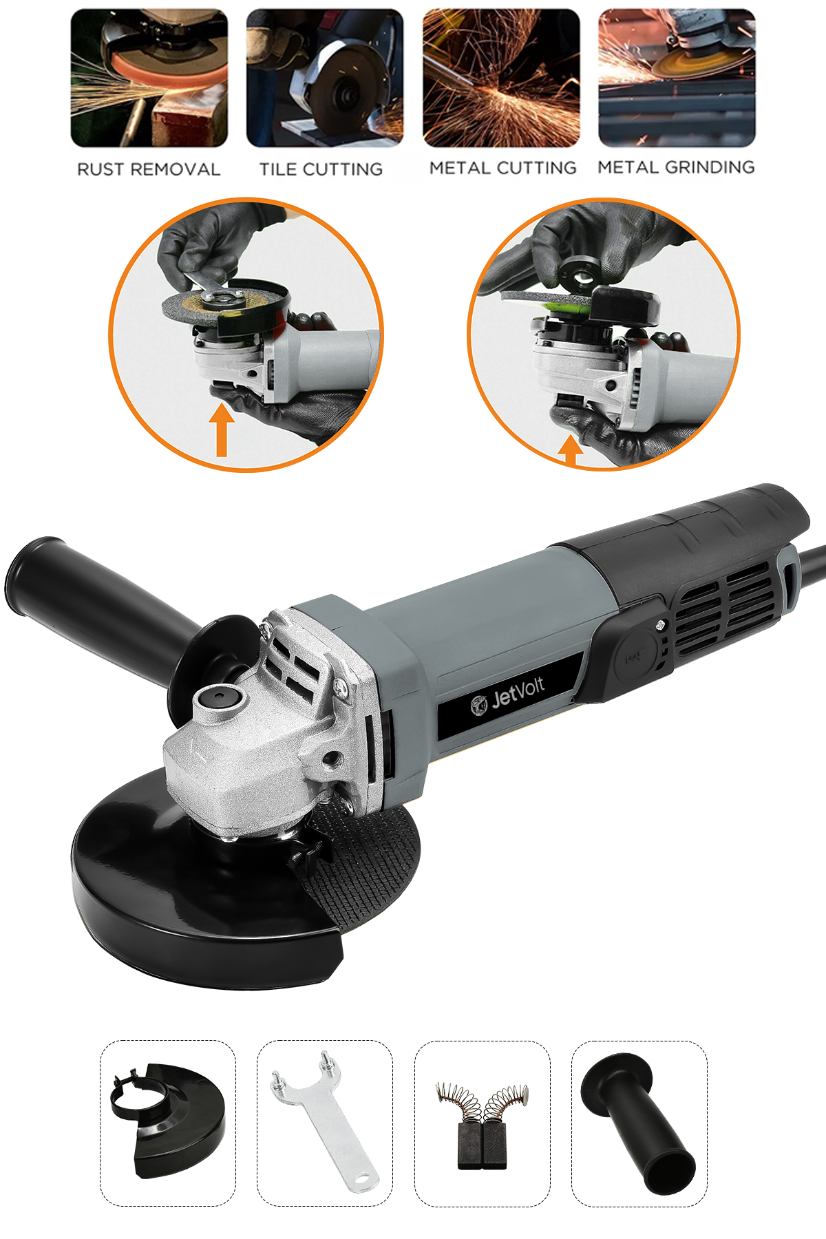 JetVolt Profesyonel 550W Avuç Taşlama Makinesi 125mm Bakır Sargılı Spiral - Gri