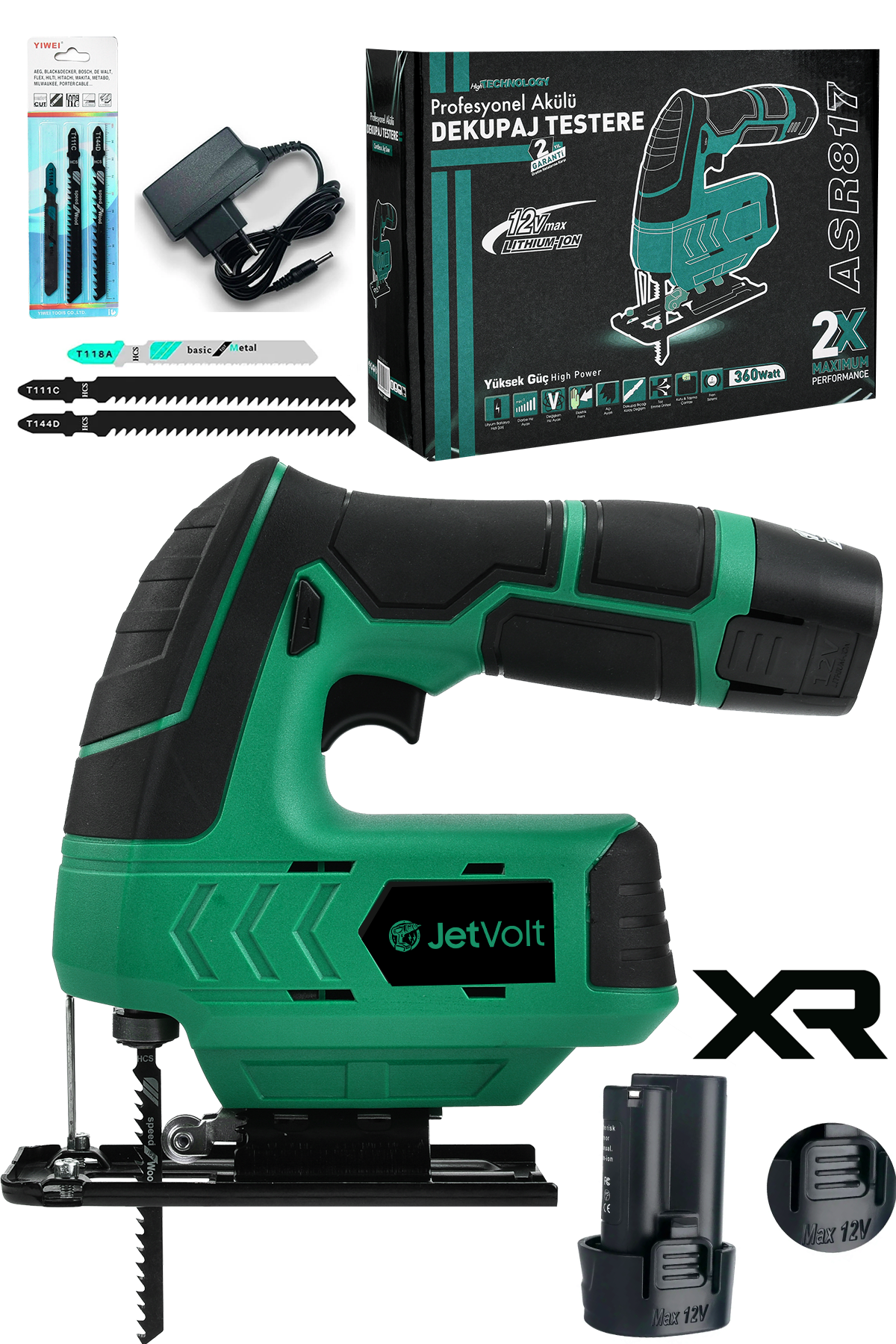 JetVolt Profesyonel Çift Akülü 12 Volt Li-ion Şarjlı Dekupaj Testere - Yeşil