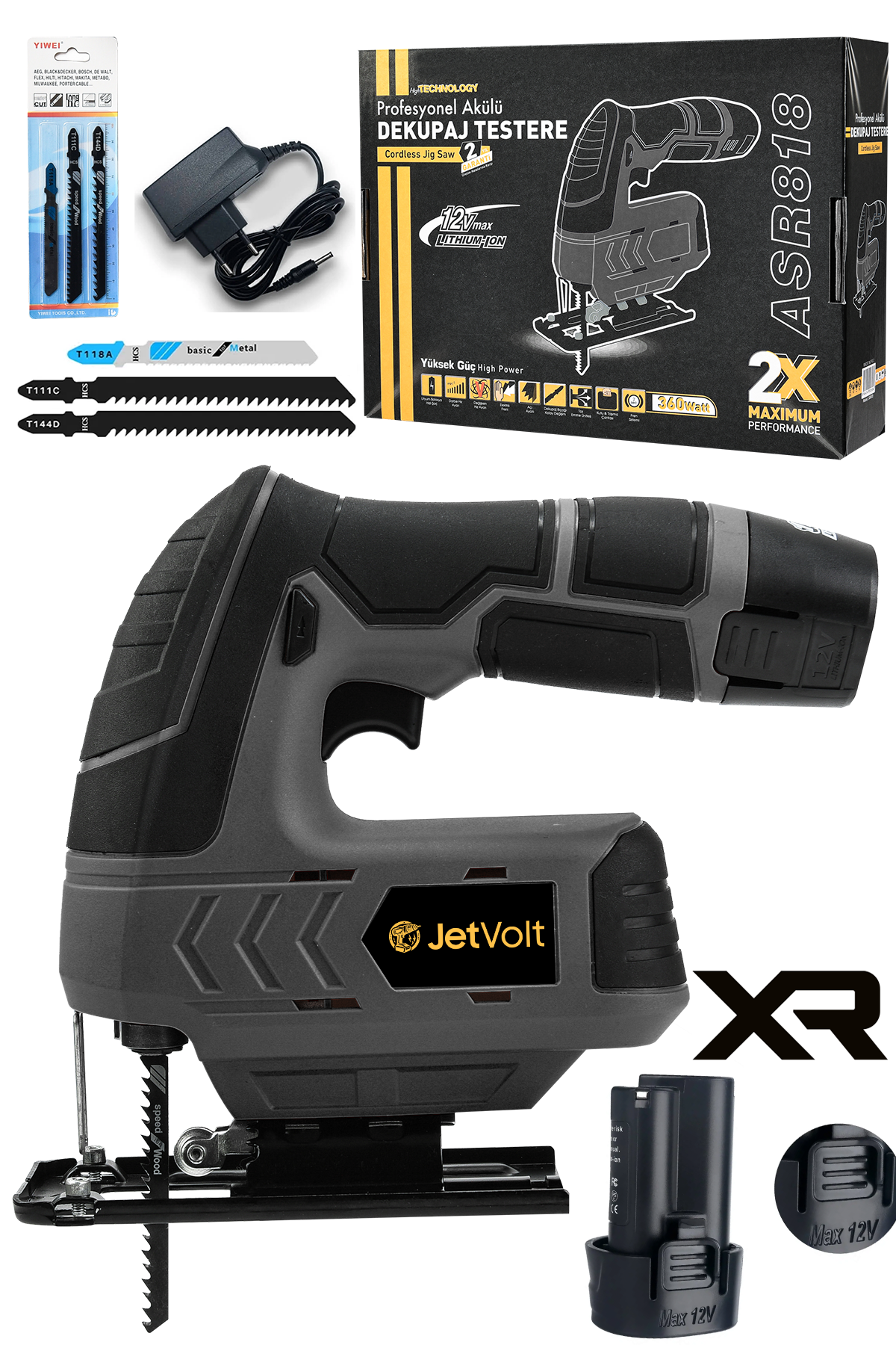 JetVolt Profesyonel Çift Akülü 12 Volt Li-ion Şarjlı Dekupaj Testere - Siyah