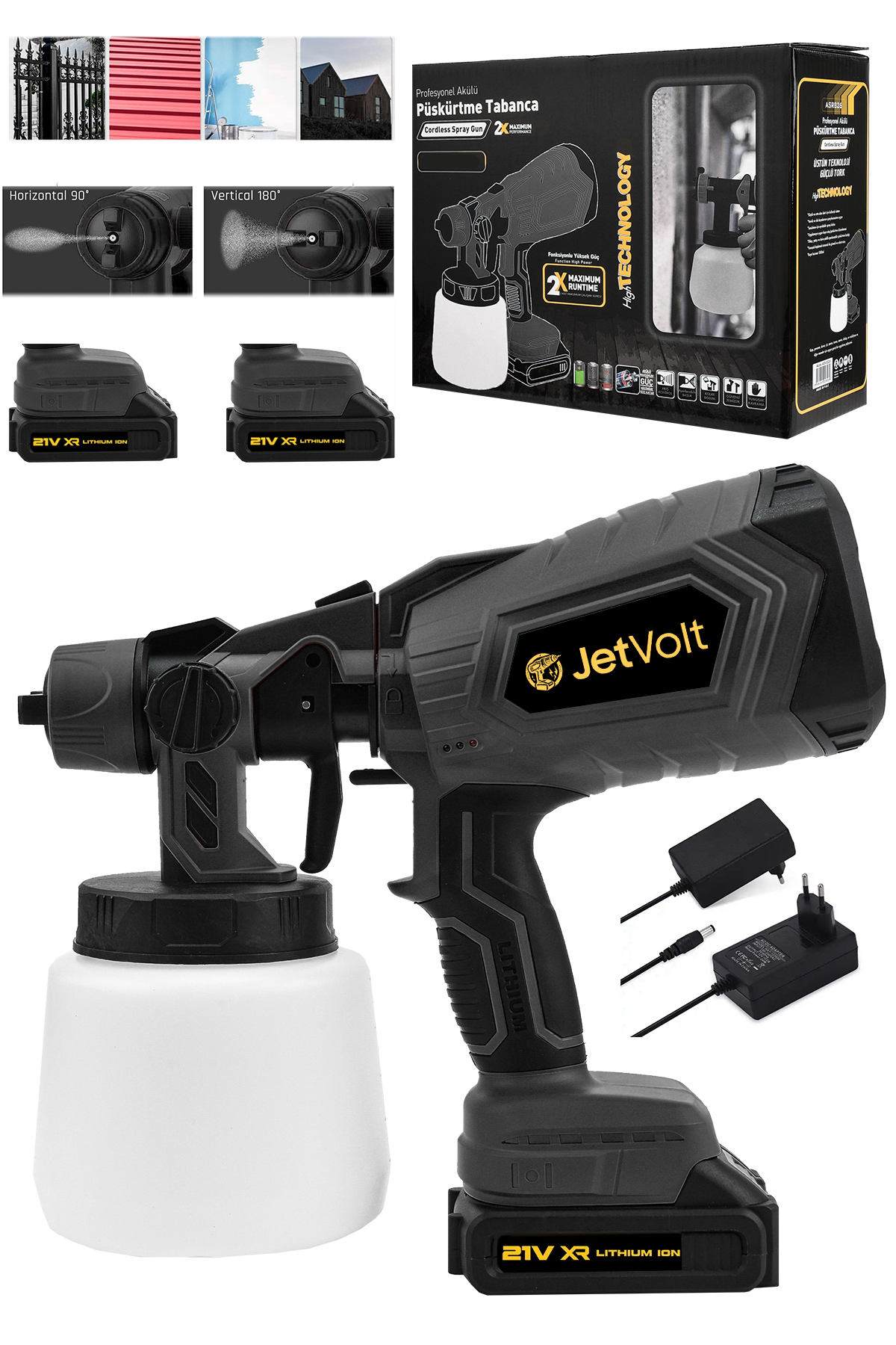 JetVolt Yüksek Basınçlı Çift Akülü Sprey Boya Püskürtme Tabancası - Siyah