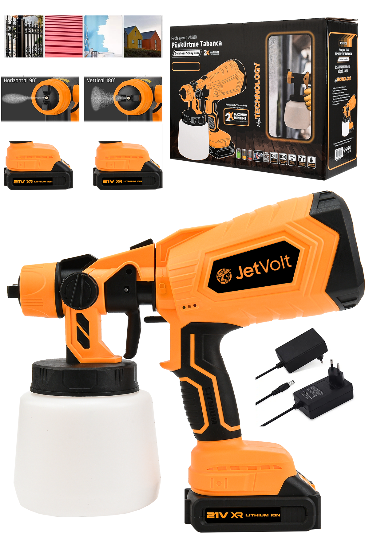 JetVolt Yüksek Basınçlı Çift Akülü Sprey Boya Püskürtme Tabancası - Turuncu